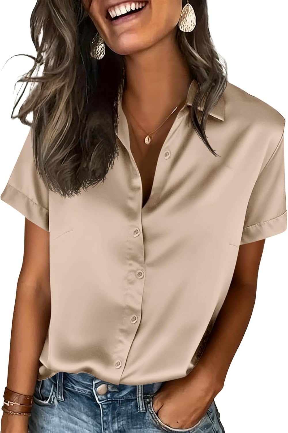 Thumbnail 5 de Tankaneo Damen Satin Bluse mit V-Ausschnitt, Kurzarm – Einfarbig, sommerlich leicht