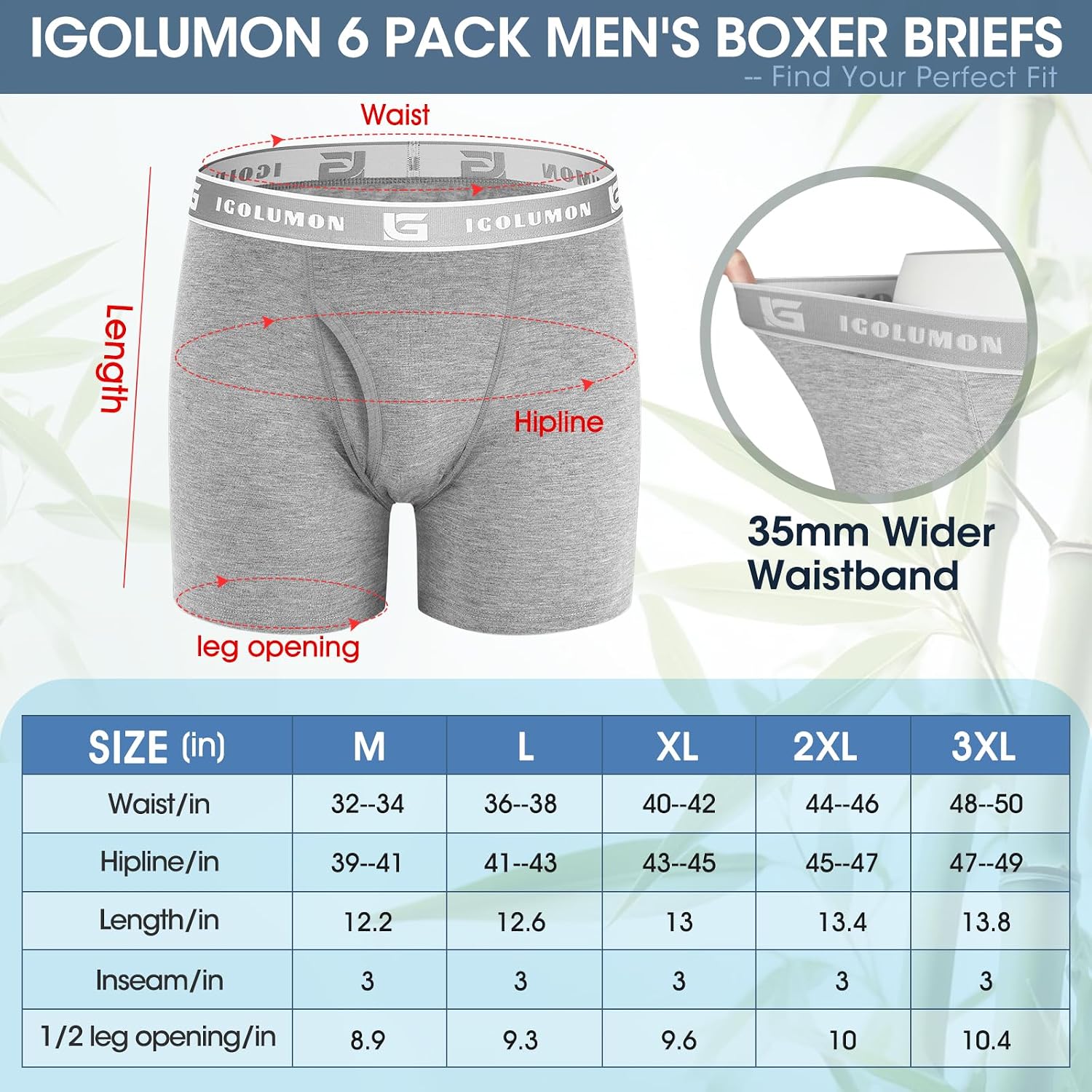 Detalle 2 de IGOLUMON Boxer uomo in bambù (confezione da 6) ultra morbidi, traspiranti e senza cuciture