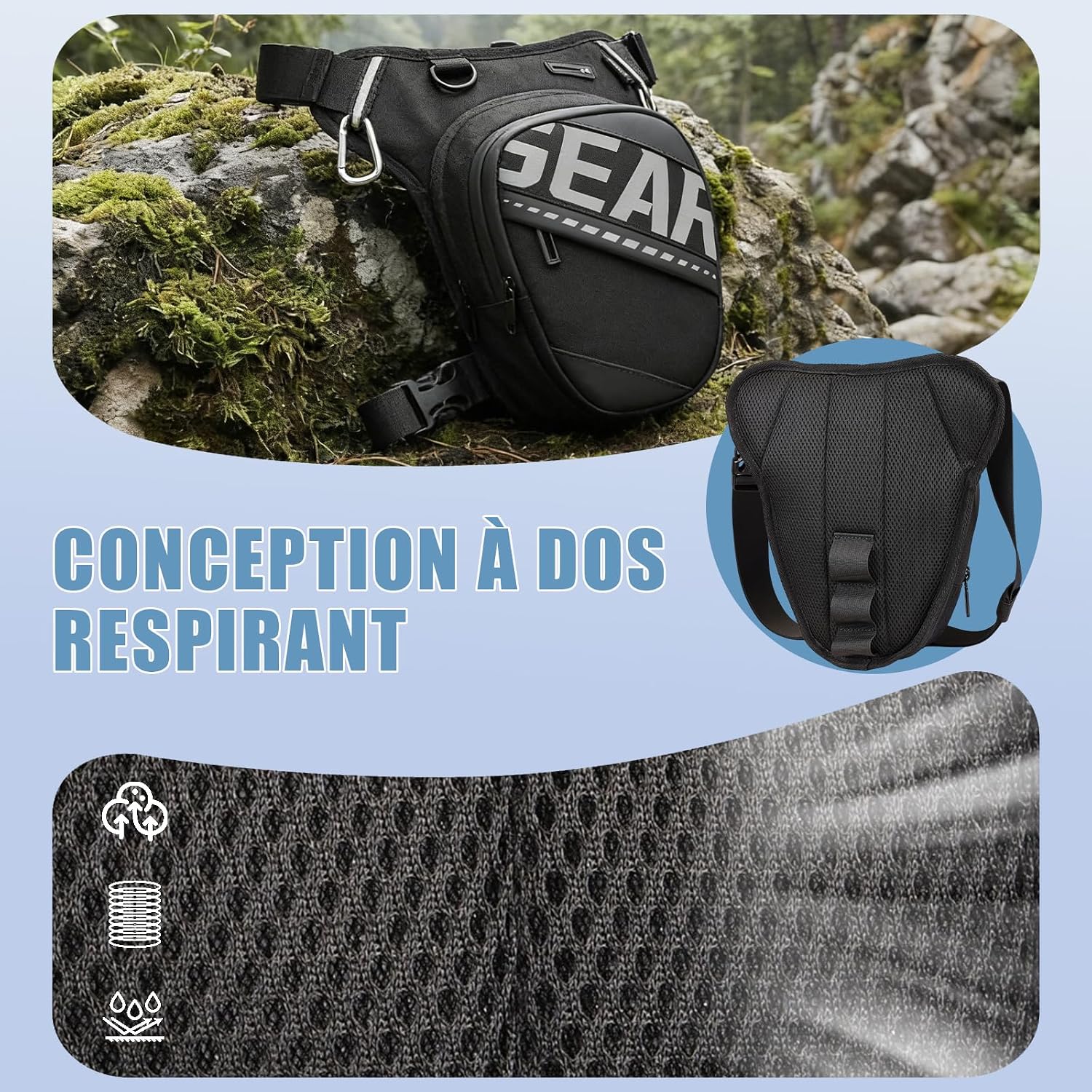 Detalle de Eshow Sacoche de Jambe Moto Extensible – Bretture polyvalente et réfléchissante, avec 1 clip gourde et 2 mousquetons