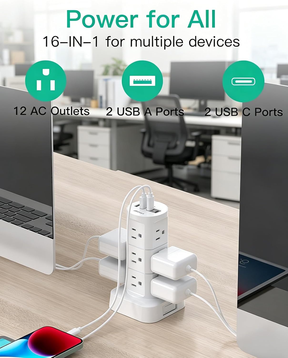 Detalle 2 de Mifaso Power Strip Tower with 12 AC Outlets, 4 USB Ports and Flat Plug