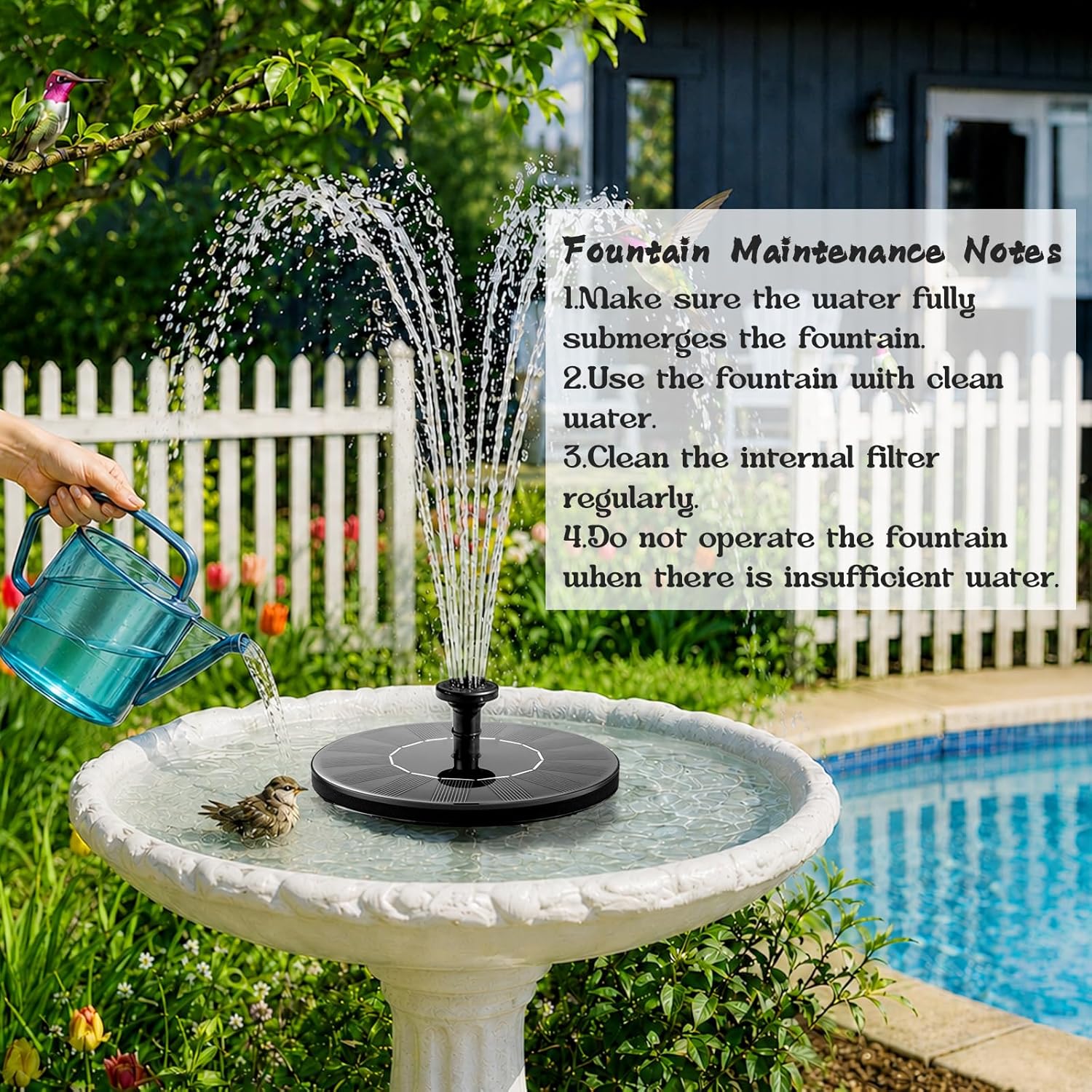 Detalle de LAWOHO Solar Fountain Pump 1.5W Submersible Kit with Panel and 4 Nozzles for Bird Baths and Small Ponds