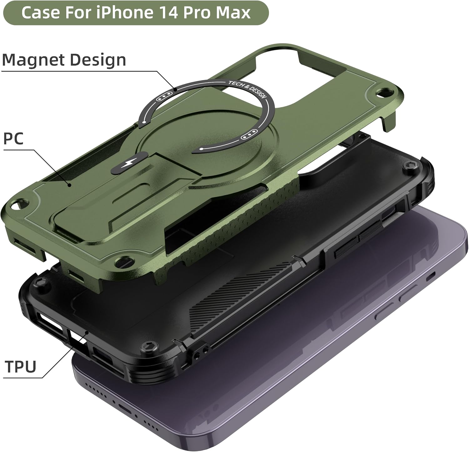 Thumbnail 6 de Tuvror Magnetic Case with Stand for iPhone 14 Pro Max (Green) – MagSafe Compatible, Rugged Kickstand