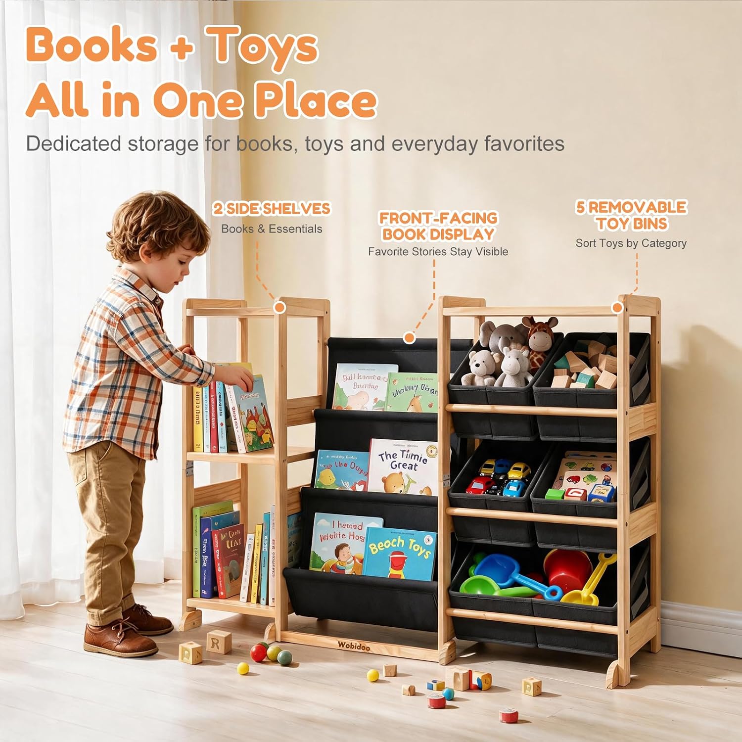 Detalle de Wobidoo Kids Bookshelf and Toy Storage Organizer, Solid Pine