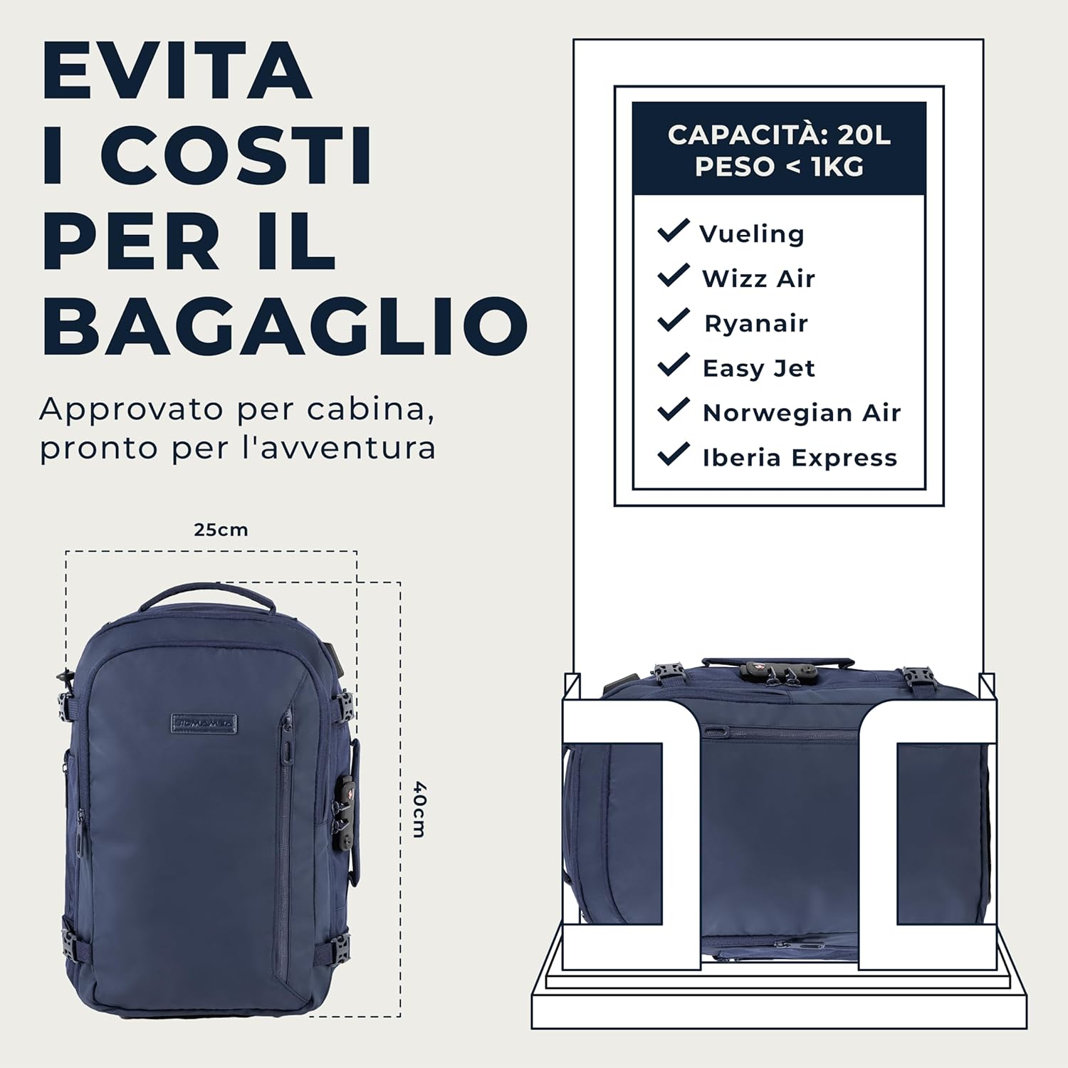 Thumbnail 2 de BidMamba Zaino Bagaglio a Mano 40x20x25 Blu Navy – 20L per Ryanair ed Easyjet