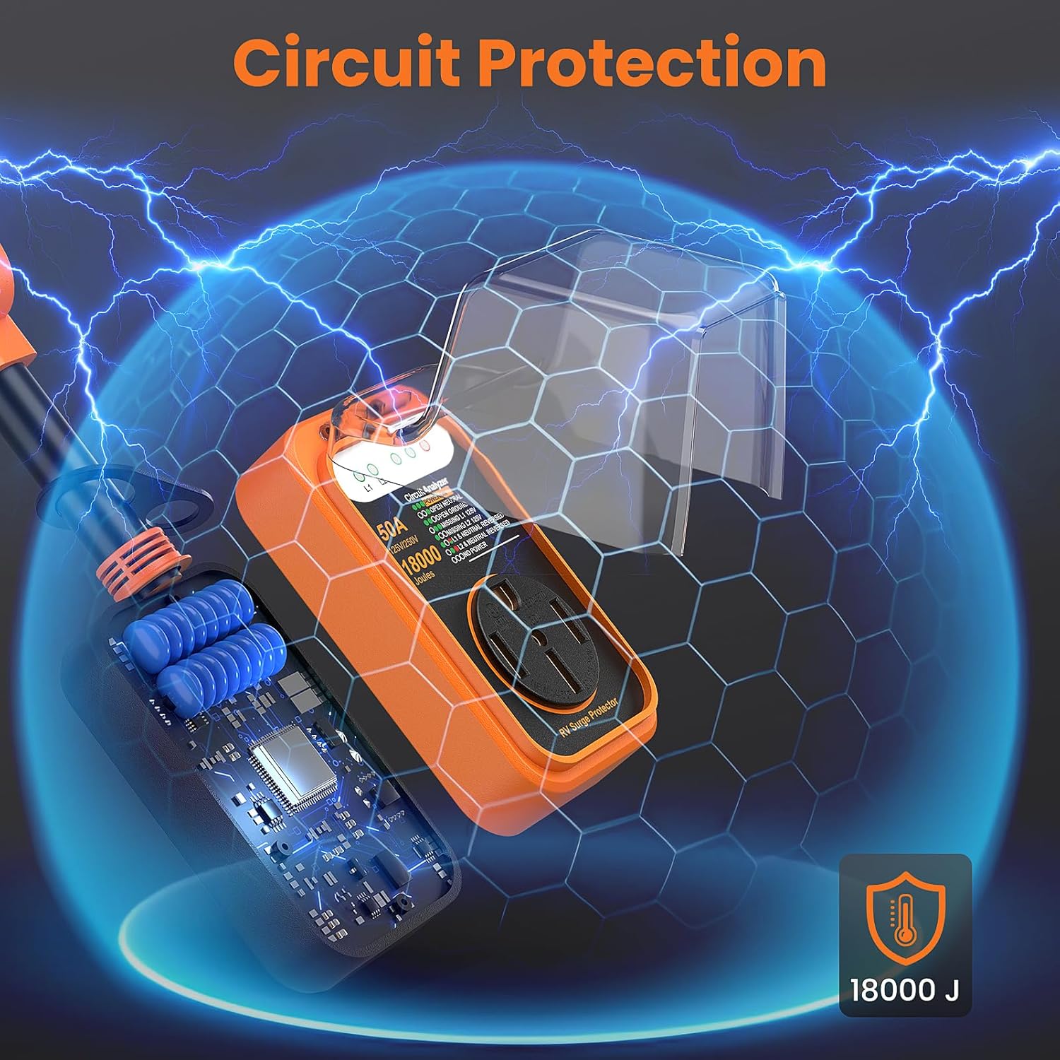 Thumbnail 3 de WLLNEE RV Surge Protector 50 Amp, 18000 Joules with Circuit Analyzer and Waterproof Cover