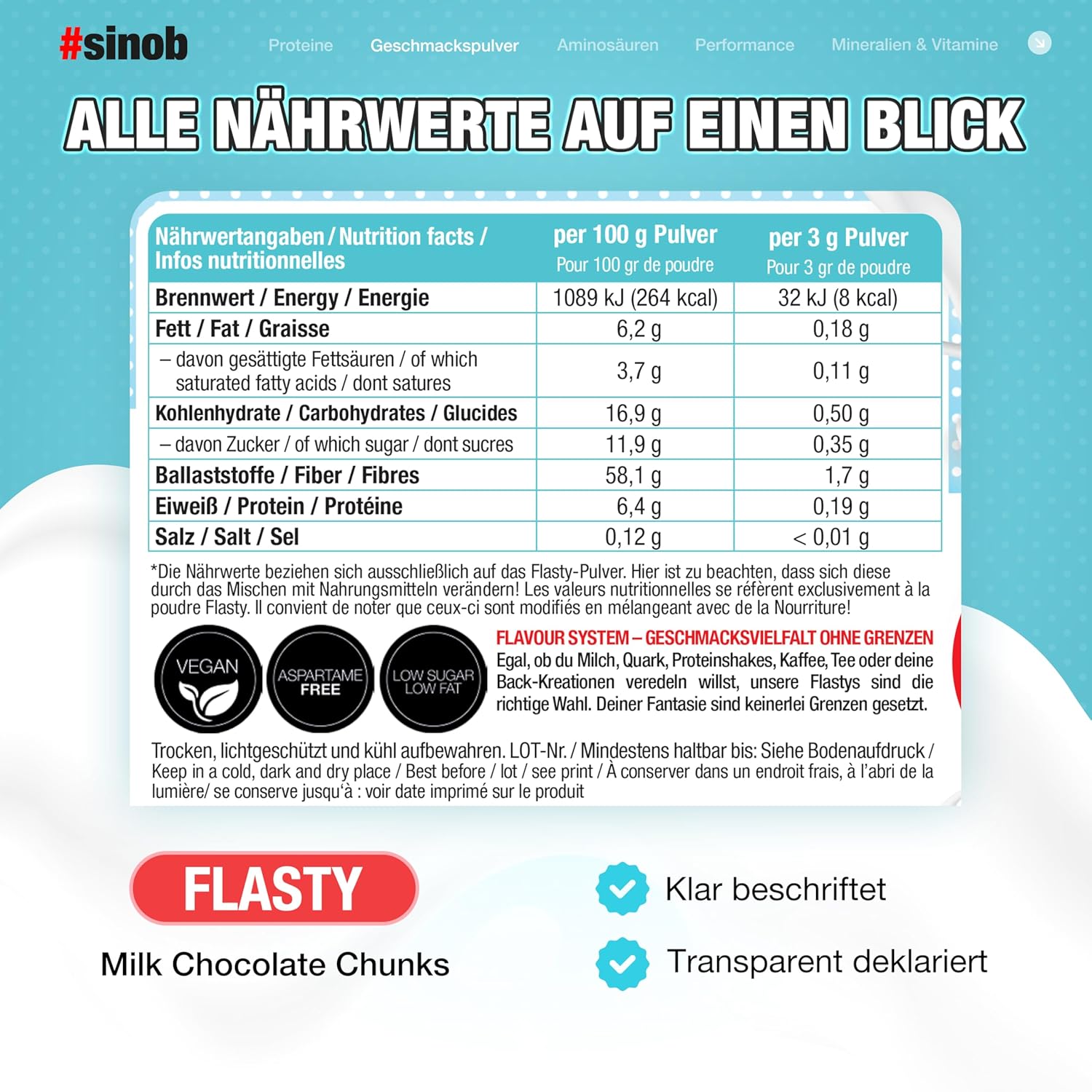 Detalle de Flasty Geschmackspulver Milk Chocolate Chunks – kalorienarm mit echten Chunks, 250 g
