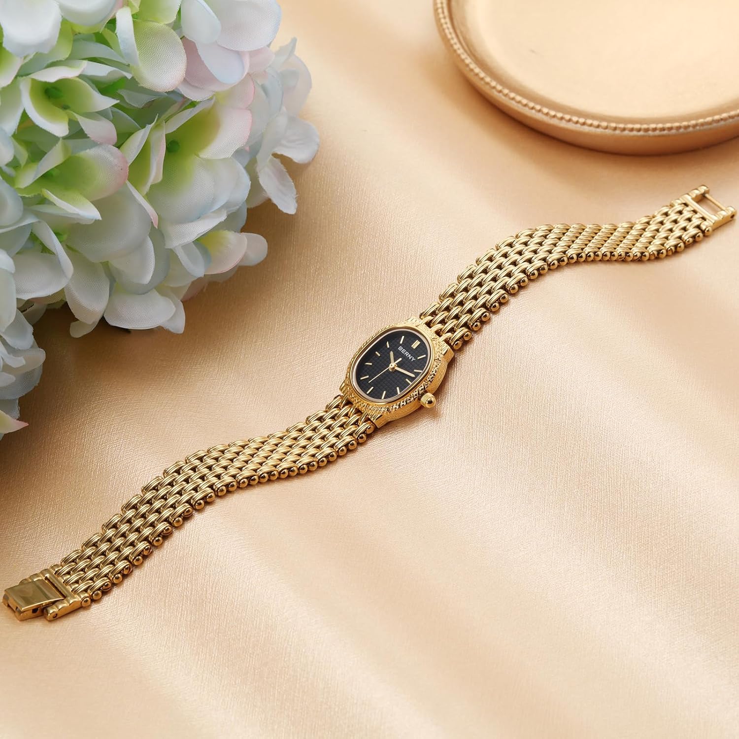 Thumbnail 3 de BERNY Gold Damenuhr mit Quarzwerk – ovale kleine Armbanduhr in Goldoptik inkl. Werkzeugen