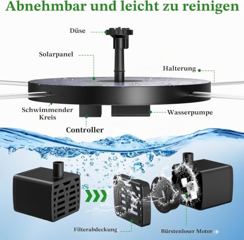 Detalle de AISITIN 3W Solar Springbrunnen für Außen mit 1200 mAh Akku und 10 Effekte – zuverlässiger Solarbrunnen für Garten und Teich