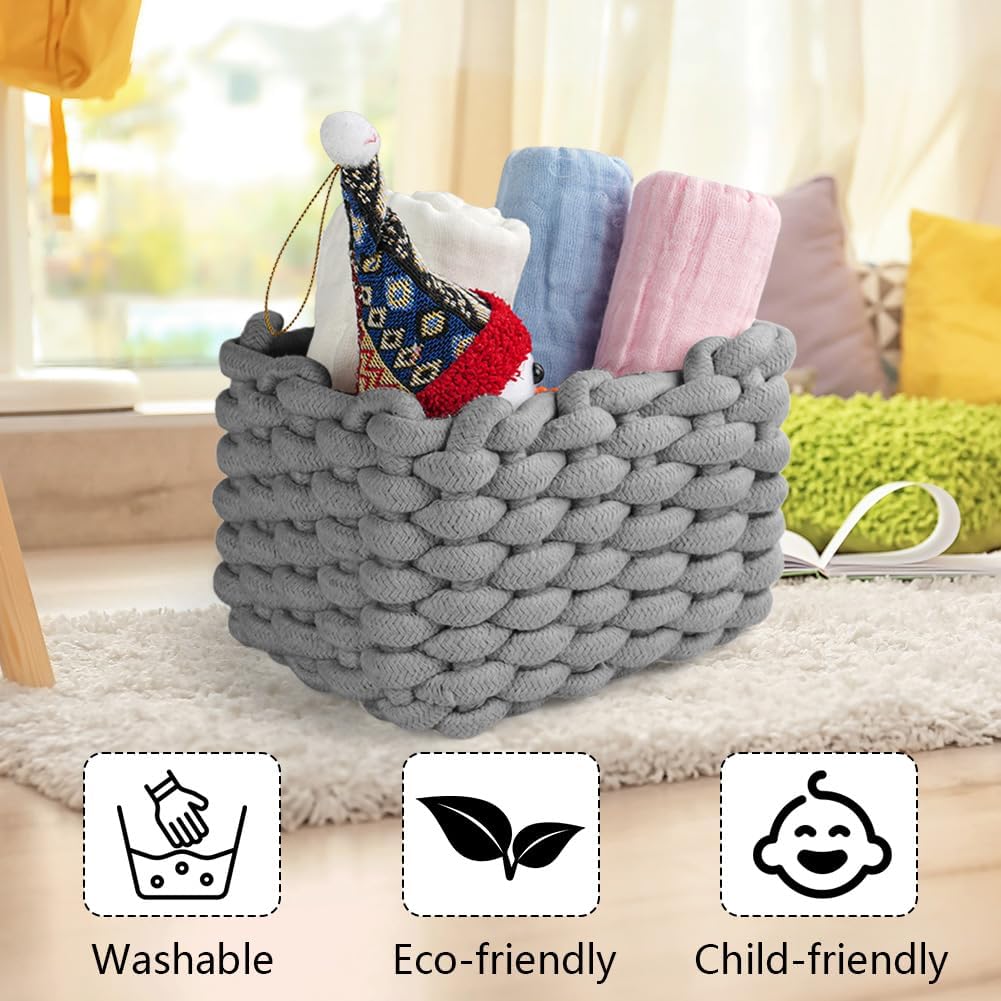 Detalle de Aolso Panier Rangement, 2 Panier en Corde de Coton Gris – Rangement Élégant pour Salle de Bain et Plus