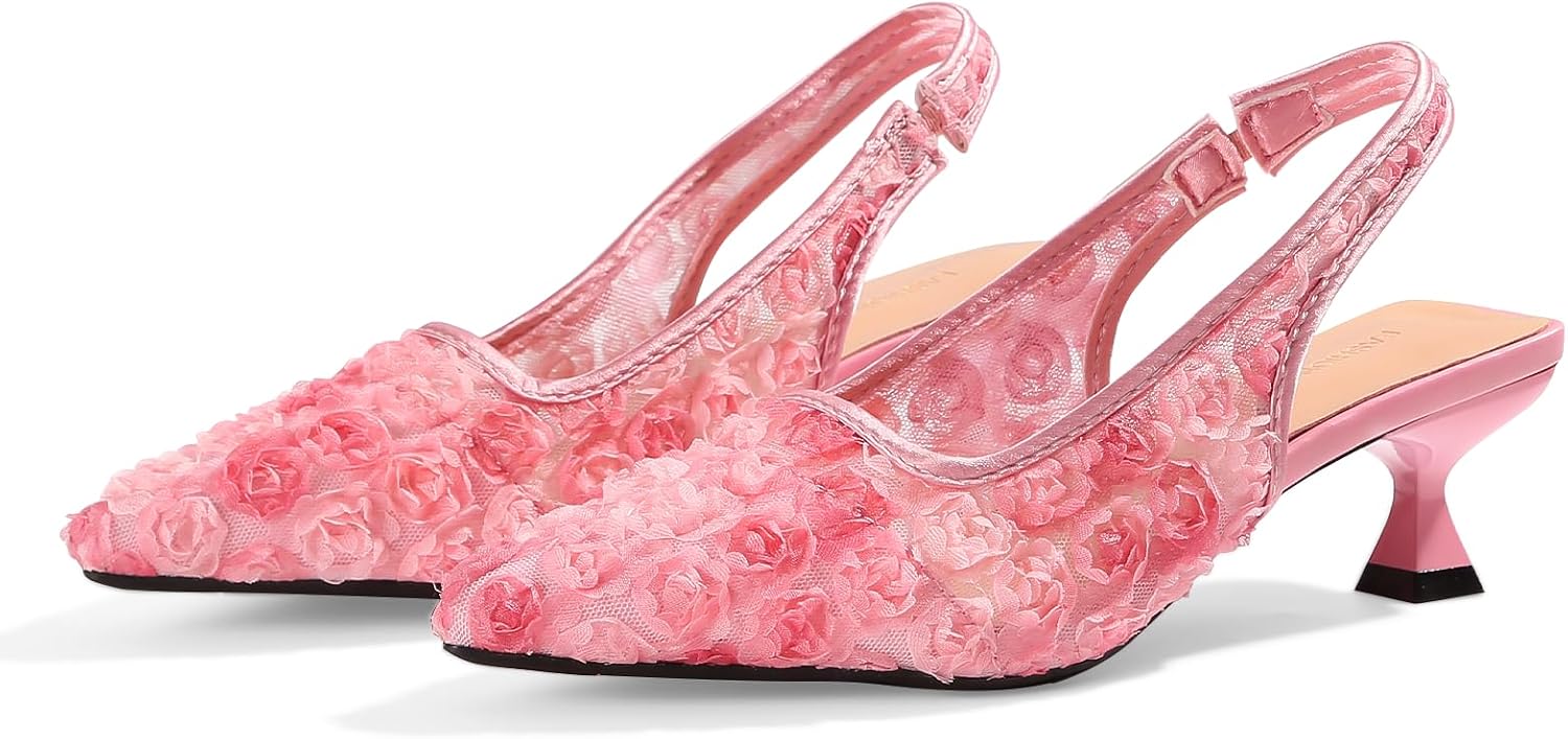 Detalle de Elegant Lace Kitten Heels for Women – Slingback Pointed Toe Floral Mesh Dress Shoes