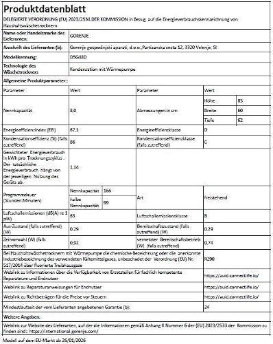 Thumbnail 12 de Gorenje D5G48D Trockner/Kondensation mit Wärmepumpe – 8 kg, 15 Programme, NatureDry & TwinAir