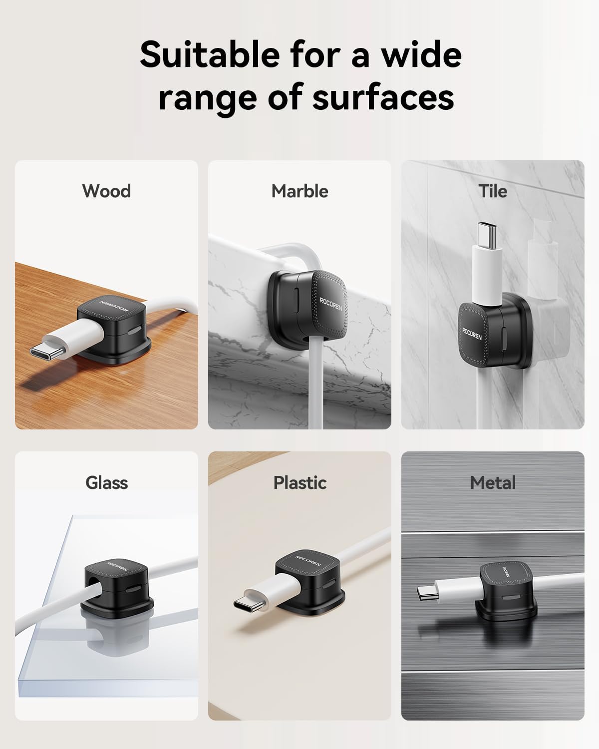 Detalle 2 de Rocoren Magnetic Cable Holder Clips (6-pack) with Strong Adhesive and 7.5 mm Cable Slot – Black