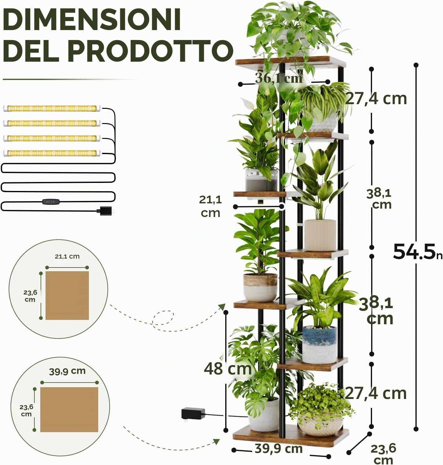 Detalle de Bamworld Mensola per piante con luci LED a spettro completo, 7 ripiani