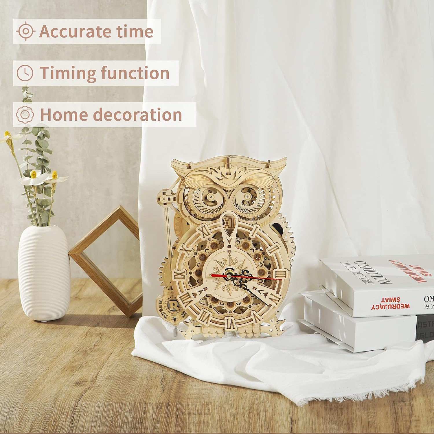 Detalle de Robotime Gufo Sveglia 3D Puzzle in legno LK503: kit autoassemblaggio con timer a campana