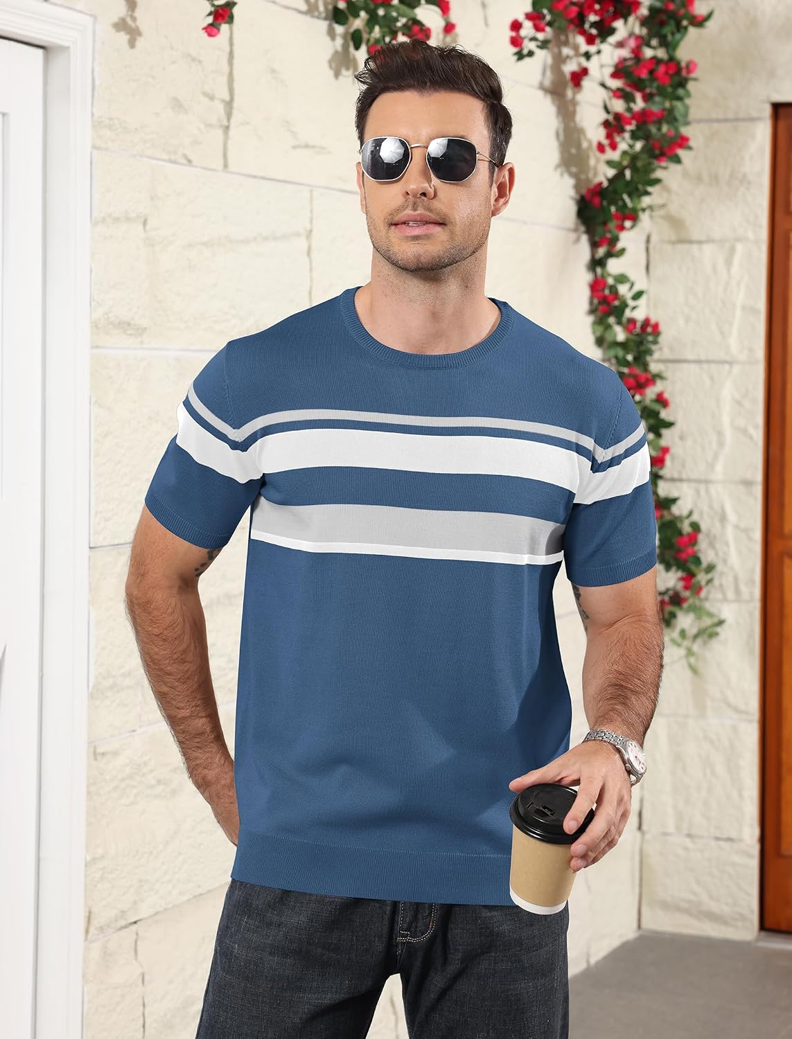 Detalle de Aulemen Herren Strick Kurzarm Streifen-T-Shirt – Regular Fit, bügelfrei & knitterfrei