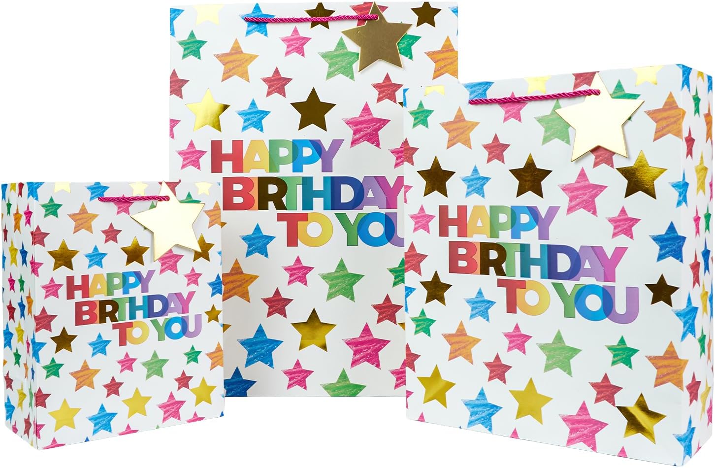 Detalle de Happy Birthday Gift Bag Bulk: 3 Assorted Sized Gift Bags with Handles and Tags (White)