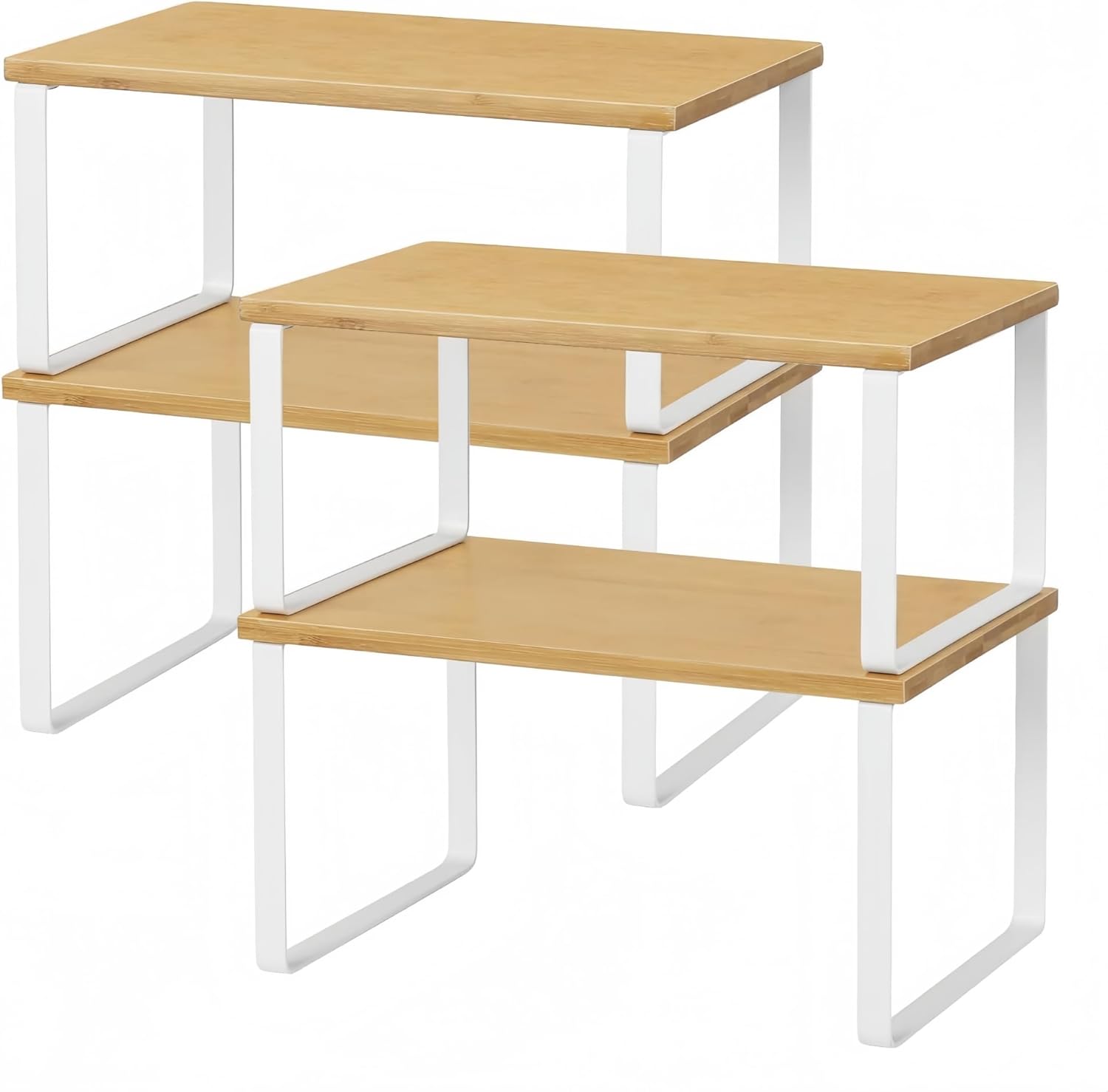 Detalle de NEX Bamboo Kitchen Cabinet & Counter Shelf Organizer (Set of 4) — Stackable, Expandable, White & Natural