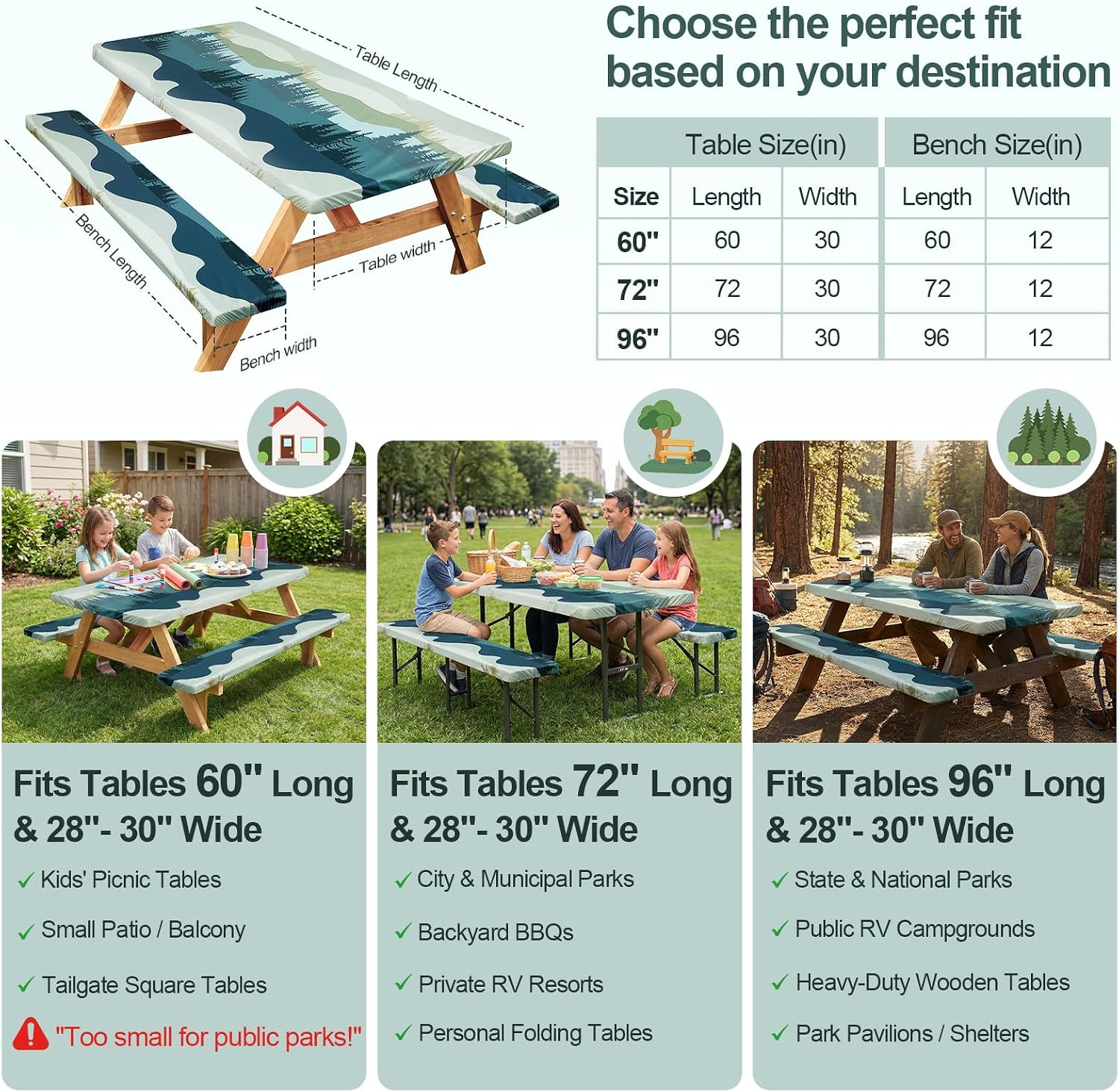 Thumbnail 5 de Picnic Table Cover with Bench Covers (96in, Green/Blue) – Waterproof, Windproof Outdoor Tablecloth Set