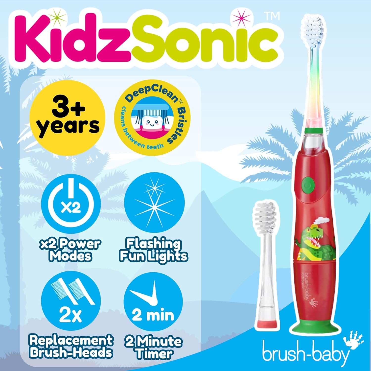 Thumbnail 1 de Brush-Baby Dinosaur KidzSonic Kids Electric Toothbrush (3+) with DeepClean bristles, disco lights & 2 replacement heads