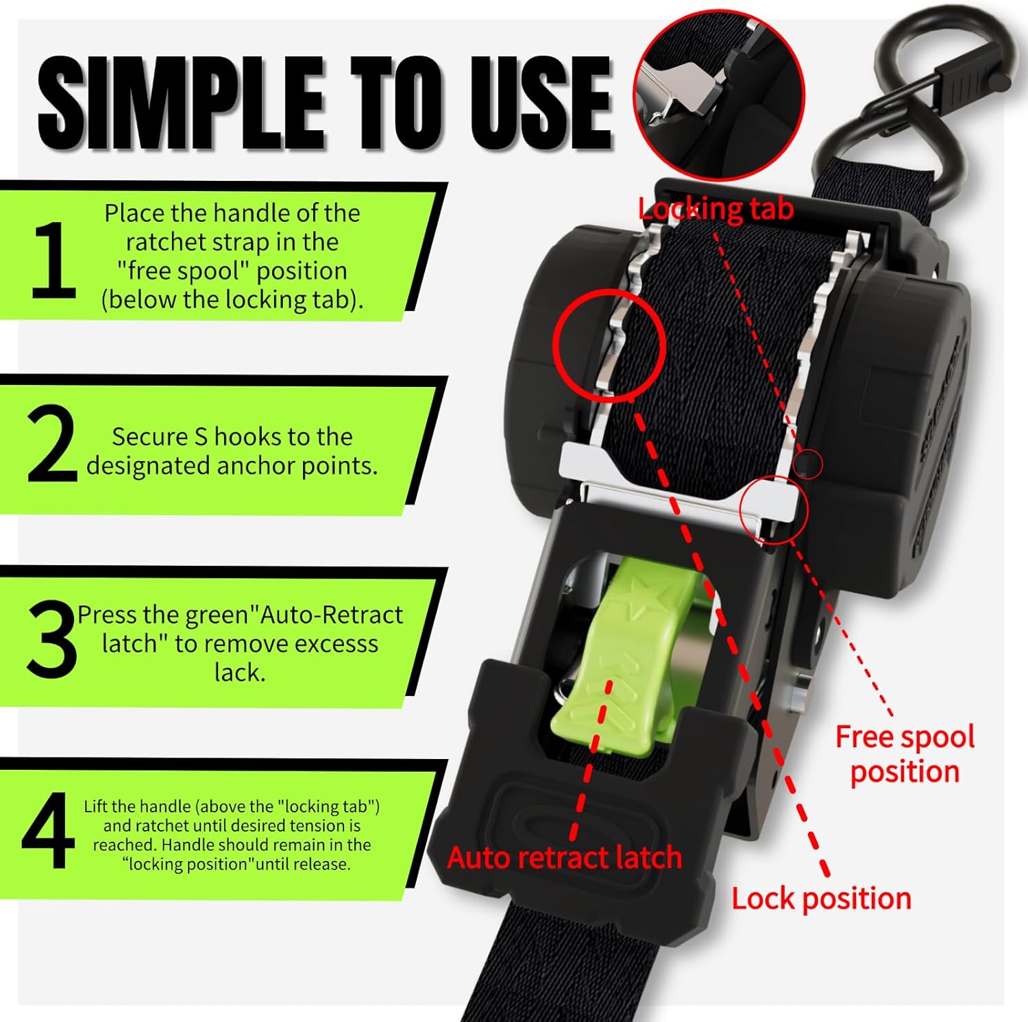 Thumbnail 2 de Retractable Ratchet Straps 1 in x 12 ft Heavy-Duty Auto-Retract Tie Downs (2-Pack) — 1760 lb Break Strength