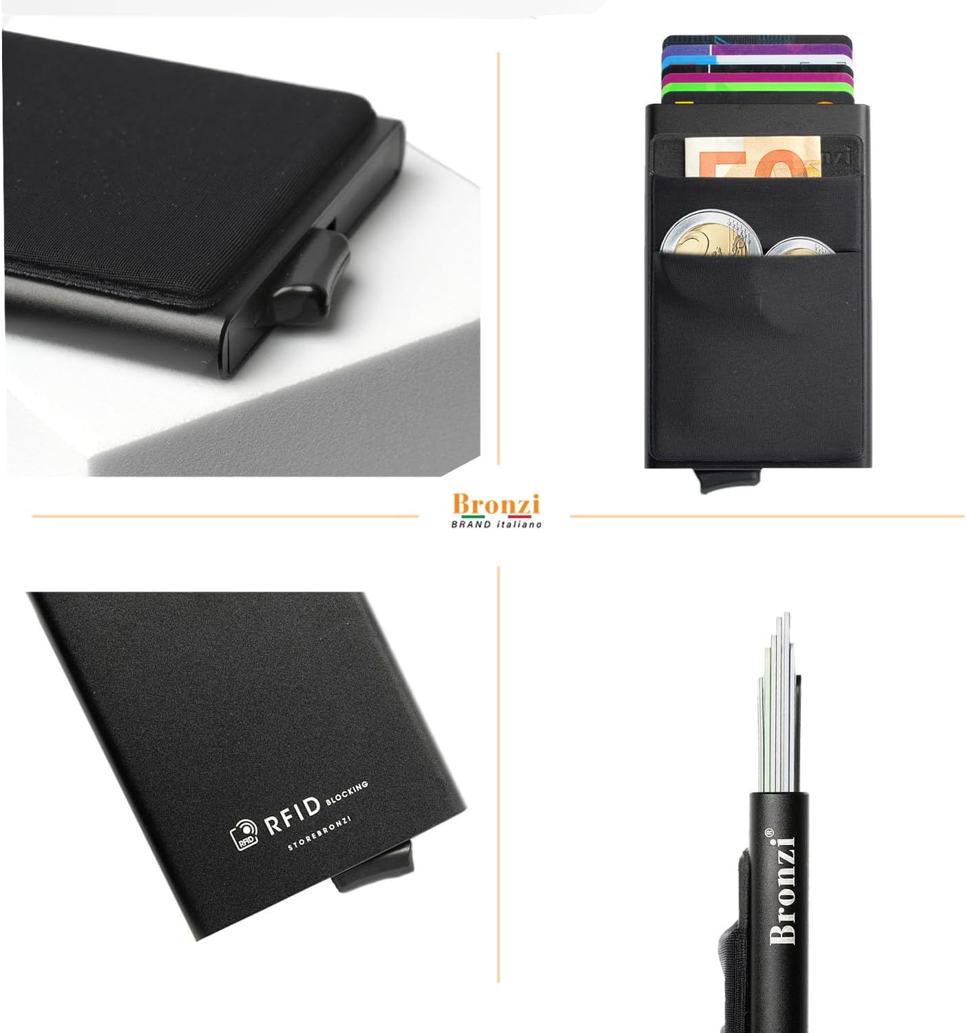 Detalle de Bronzi Portafoglio Slim Piccolo con protezione RFID e portamonete (nero) – portacarte uomo/donna