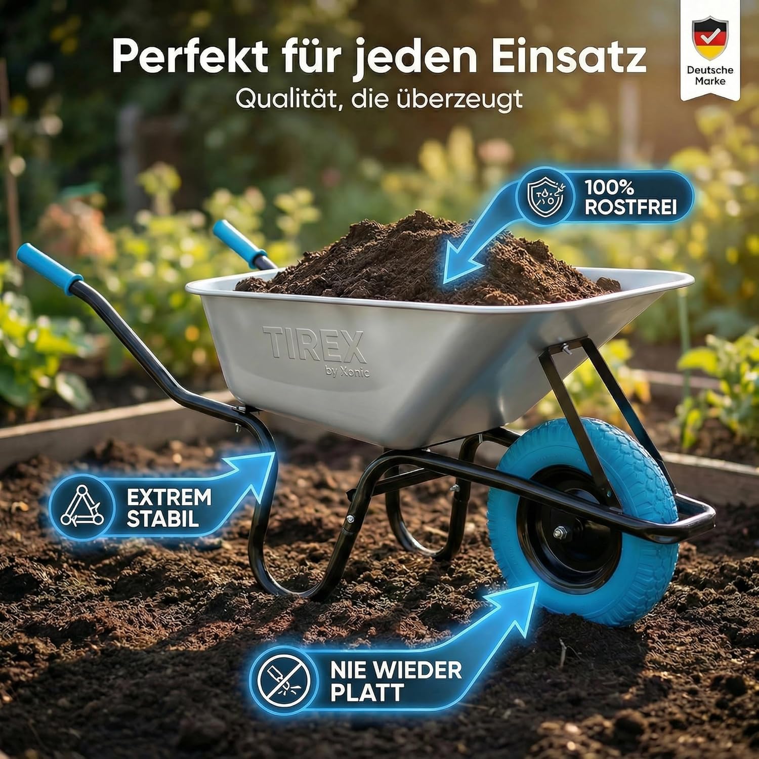 Detalle de TIREX by xonic Schubkarre mit Stahlfelge – verzinkte Wanne bis 250 kg / 100 l, PU-Vollgummi-Rad (Blau/Silber)