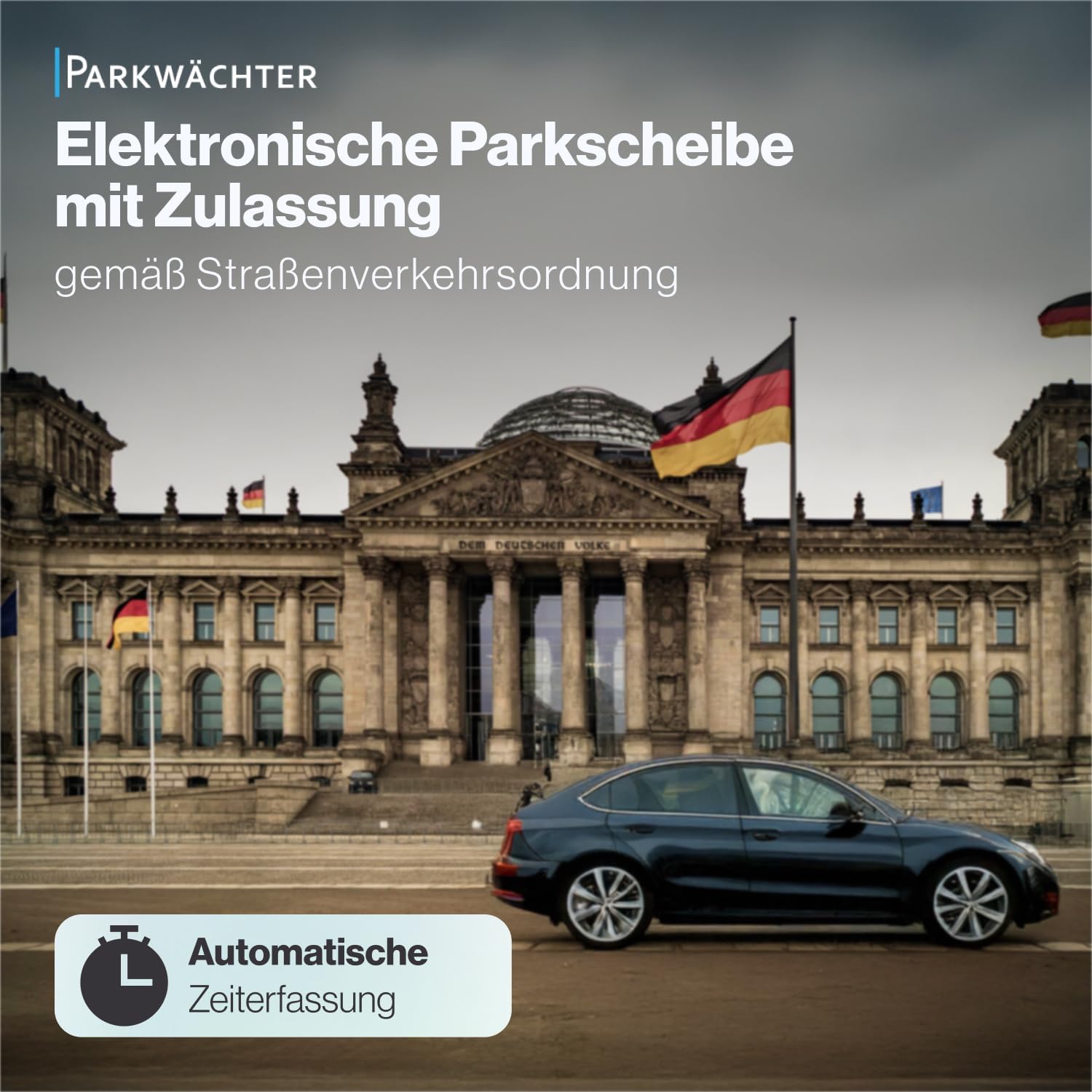 Detalle de Parkwächter V2 elektronische Parkscheibe mit StVO-Zulassung (ECE E24 10R – 06 4095) – Automatik, wechselbare Taktung, blau