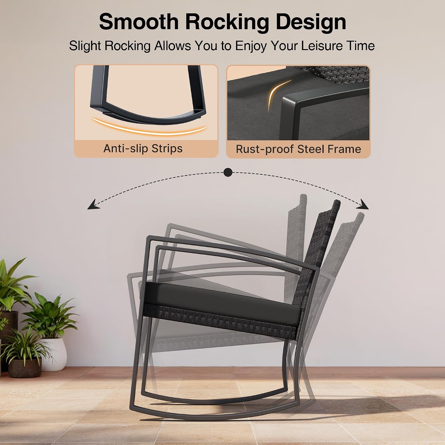 Detalle de Qsun WR210-BK 3-Piece Patio Furniture Set with Rocking Chairs and Glass Table