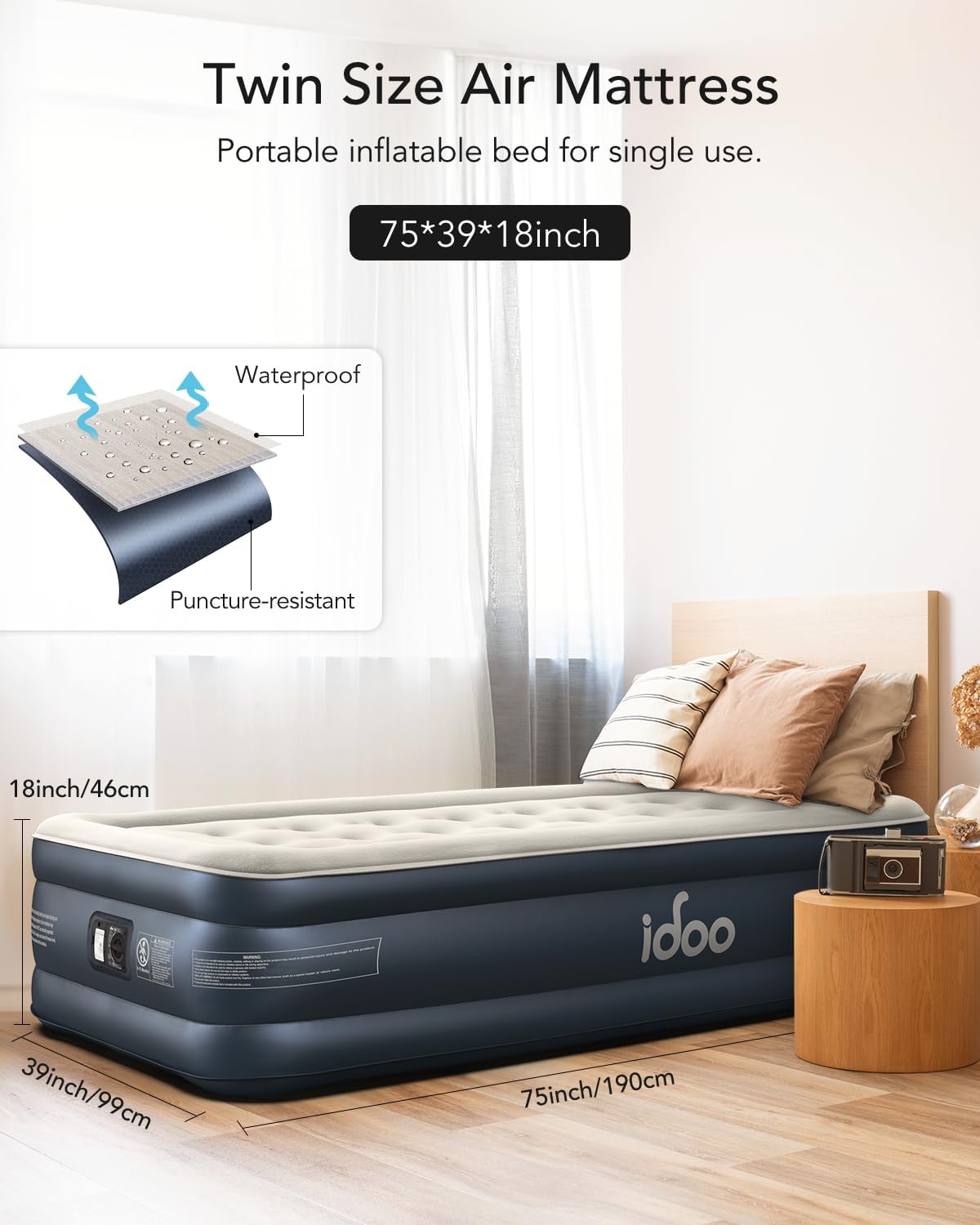 Detalle de iDOO R-M001-GY Twin Air Mattress with Built-in Pump and Flocked Top