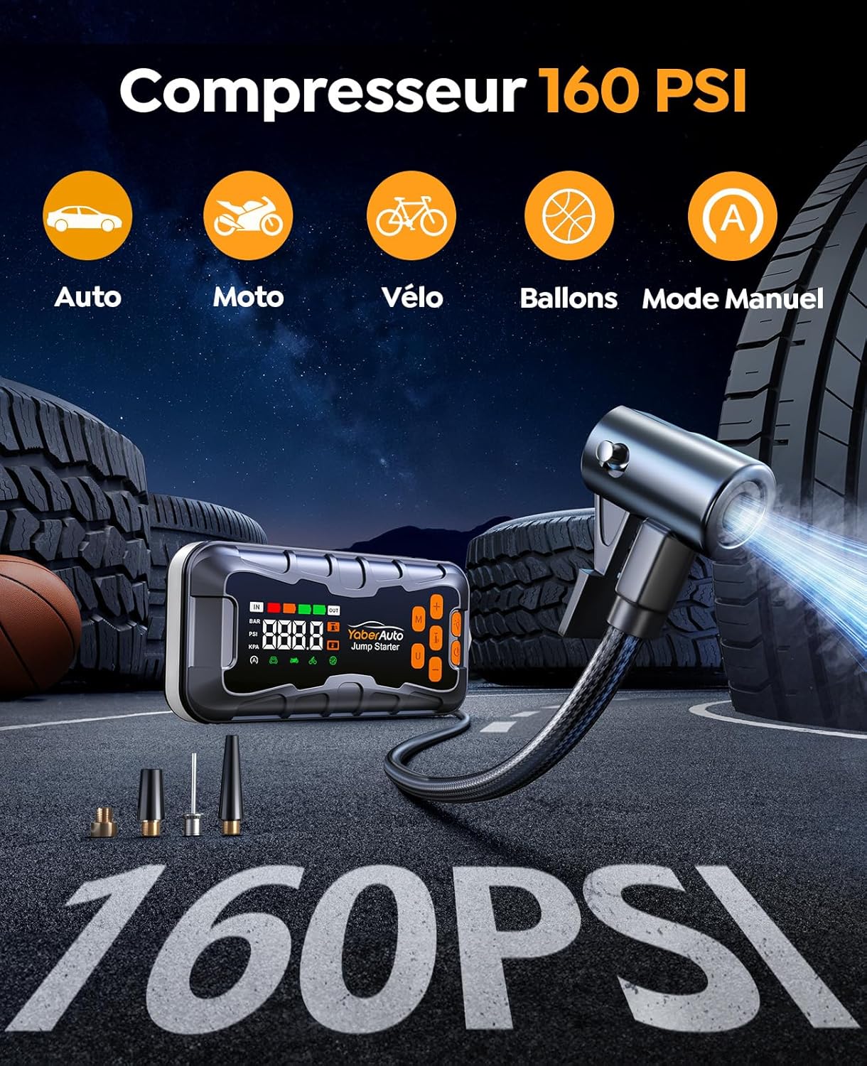 Detalle de YaberAuto AP03 16 en 1 : booster batterie 12V 8000A avec compresseur 160 PSI et batterie 27000 mAh