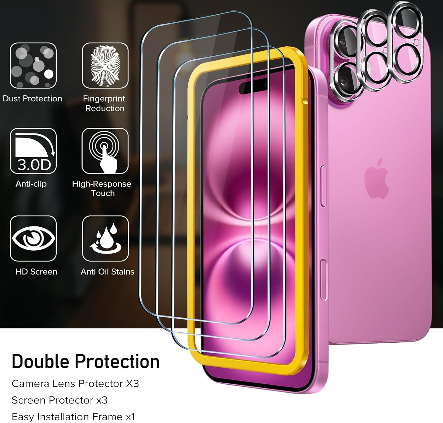 Thumbnail 1 de ivoler Alignment Aid Screen Protector for iPhone 16 – 3 Tempered Glass Films & 3 Camera Lens Protectors
