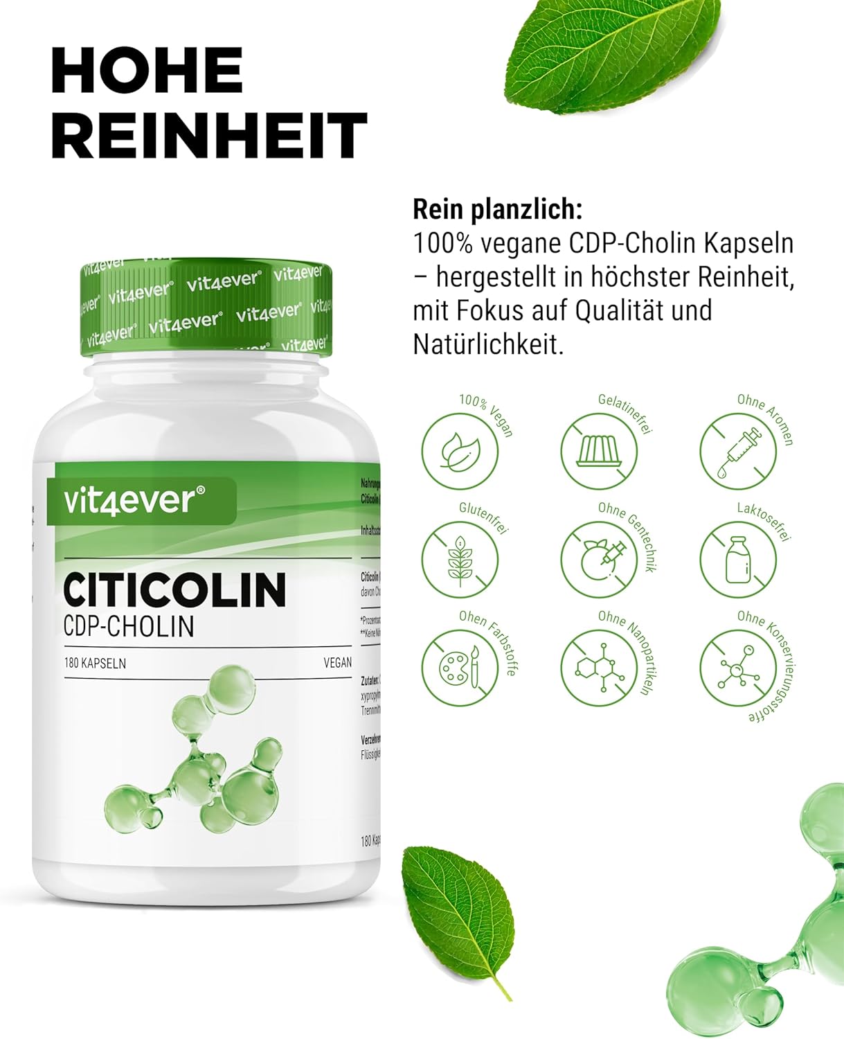 Detalle de vit4ever CDP-Cholin (Citicolin) 250 mg – 180 Kapseln, vegan
