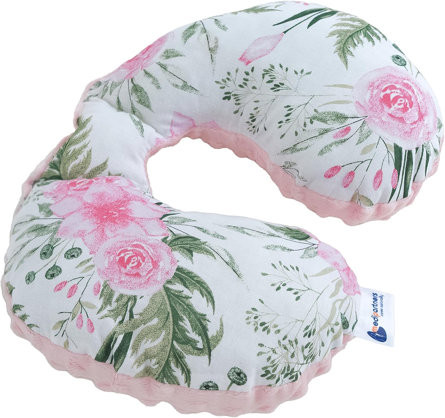 Medi Partners Cuscini da Viaggio Bambini per Collo in Minky e 100% Cotone per Seggiolino Auto e Neonato – Fiori Minky rosa chiaro