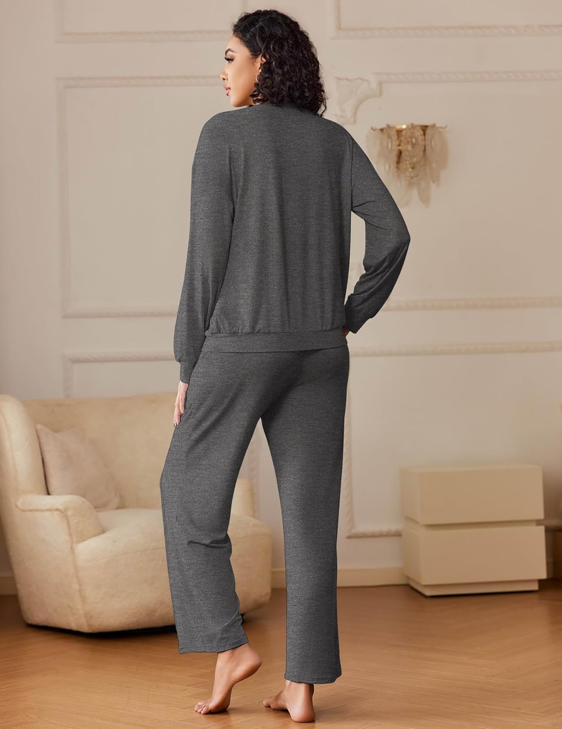 Detalle de Ensemble Pyjama Femme Ekoauer à Manches Longues et Pantalon avec Poches — Confort et Style