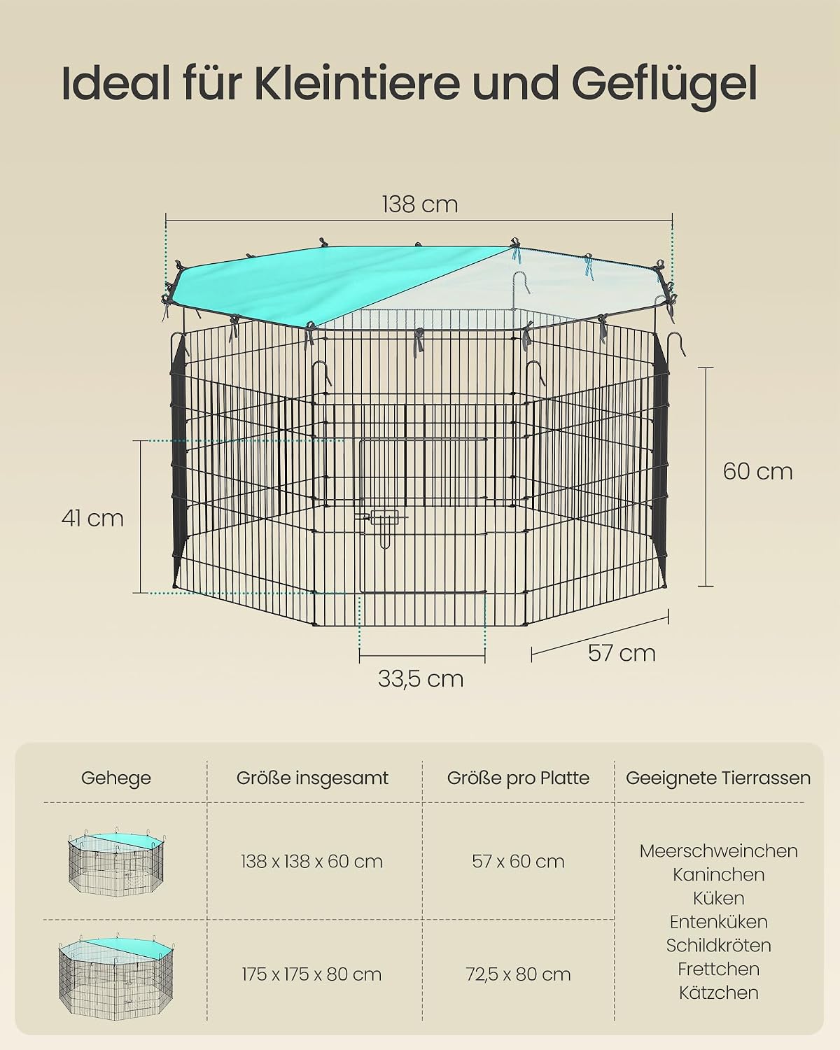 Detalle de SONGMICS Kleintiergehege, Freilaufgehege mit Abdeckung – 138 × 138 × 60 cm, 8 Gitterplatten, tintenschwarz (LPI020BH01)