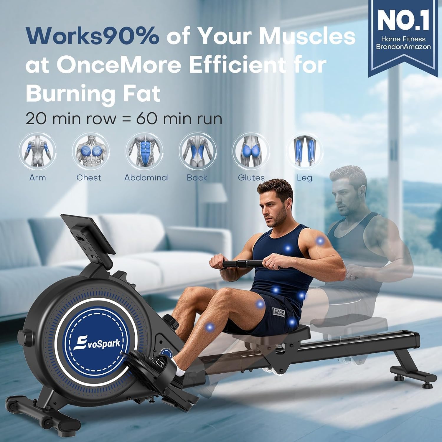 Thumbnail 3 de EvoSpark Magnetic Rowing Machine for Home Gym (350 lb) – Foldable EvoSpark Rower with App Support and Double Slide Rail