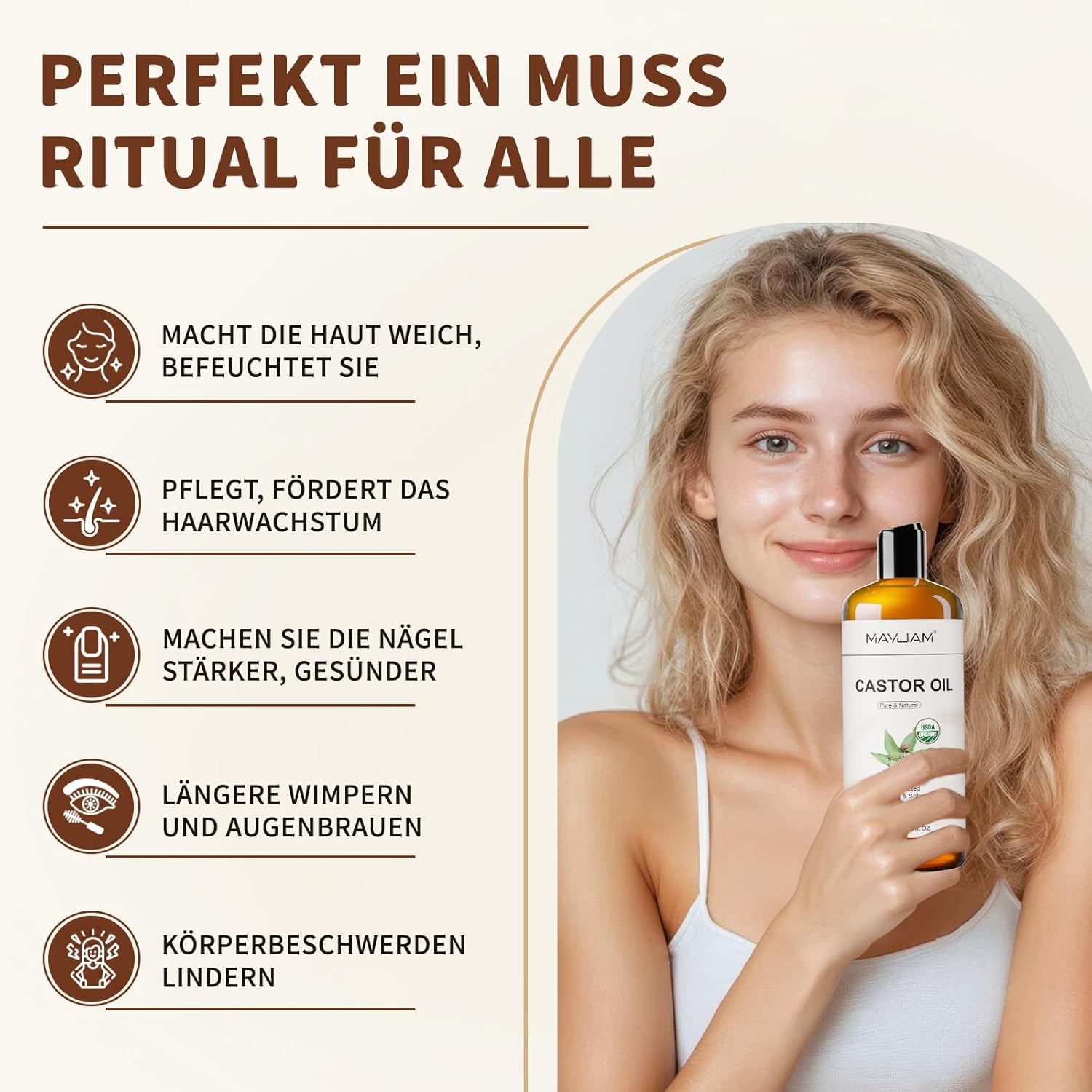 Detalle de MAYJAM Bio Rizinusöl kaltgepresst 100% rein, 473 ml – Haaröl, Wimpern- und Augenbrauenpflege