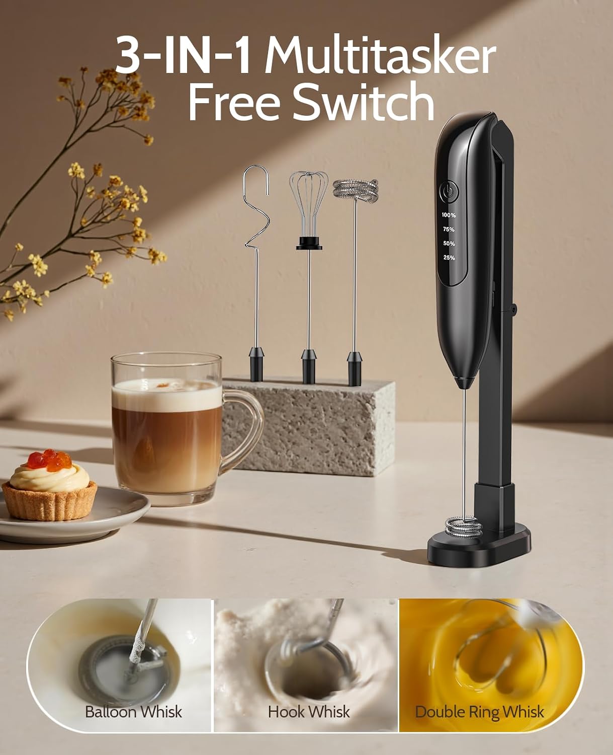 Detalle 2 de Yidianideals Handheld Milk Frother, 3 Whisk Heads