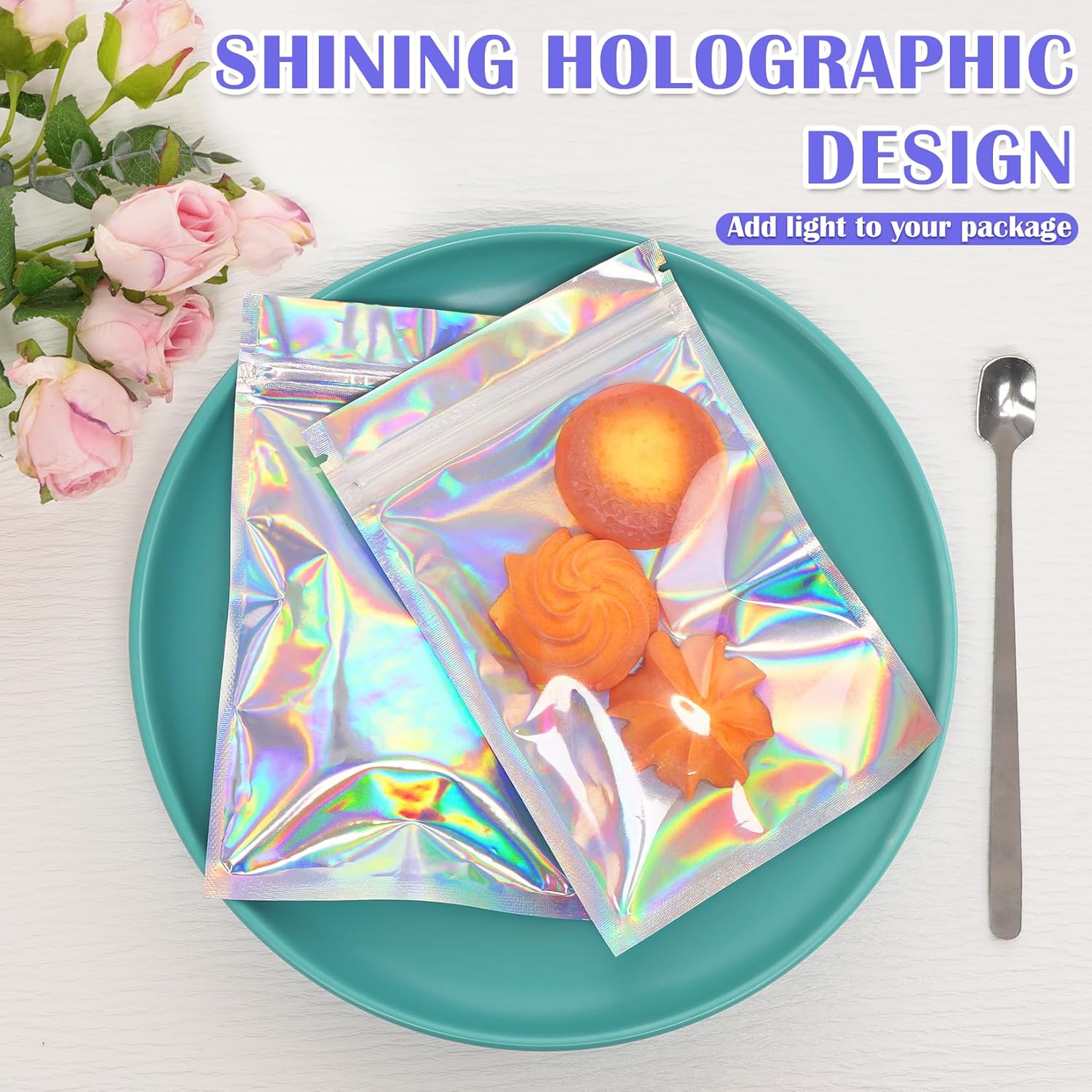 Detalle de JETMORE 100 Pcs Holographic Mylar Bags (3x5in) – Resealable, Windowed, Smell-Proof