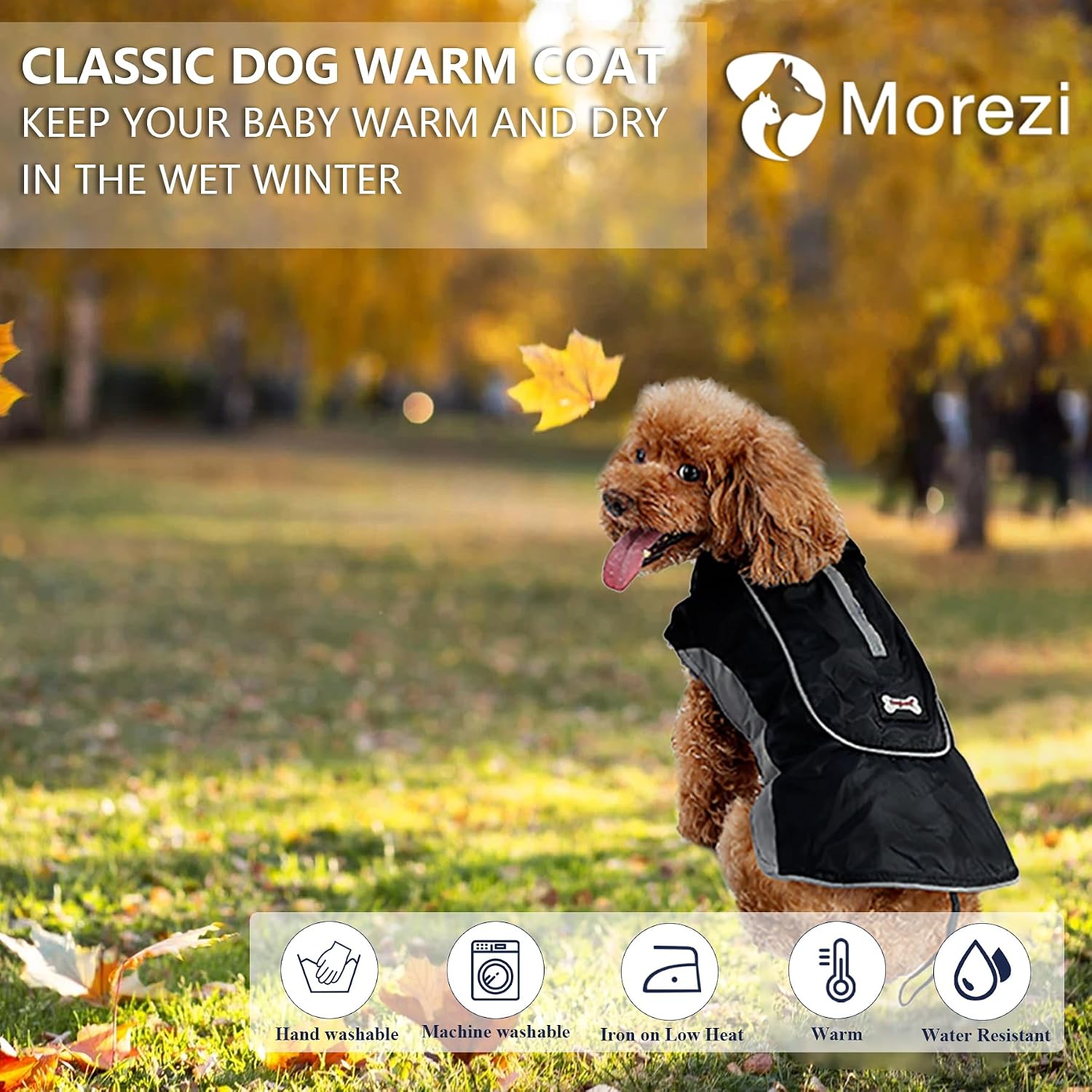 Detalle 2 de Morezi Dog Warm Coats Jackets: Waterproof Coat with Harness Hole for Small & Medium Dogs (Black, Size S)