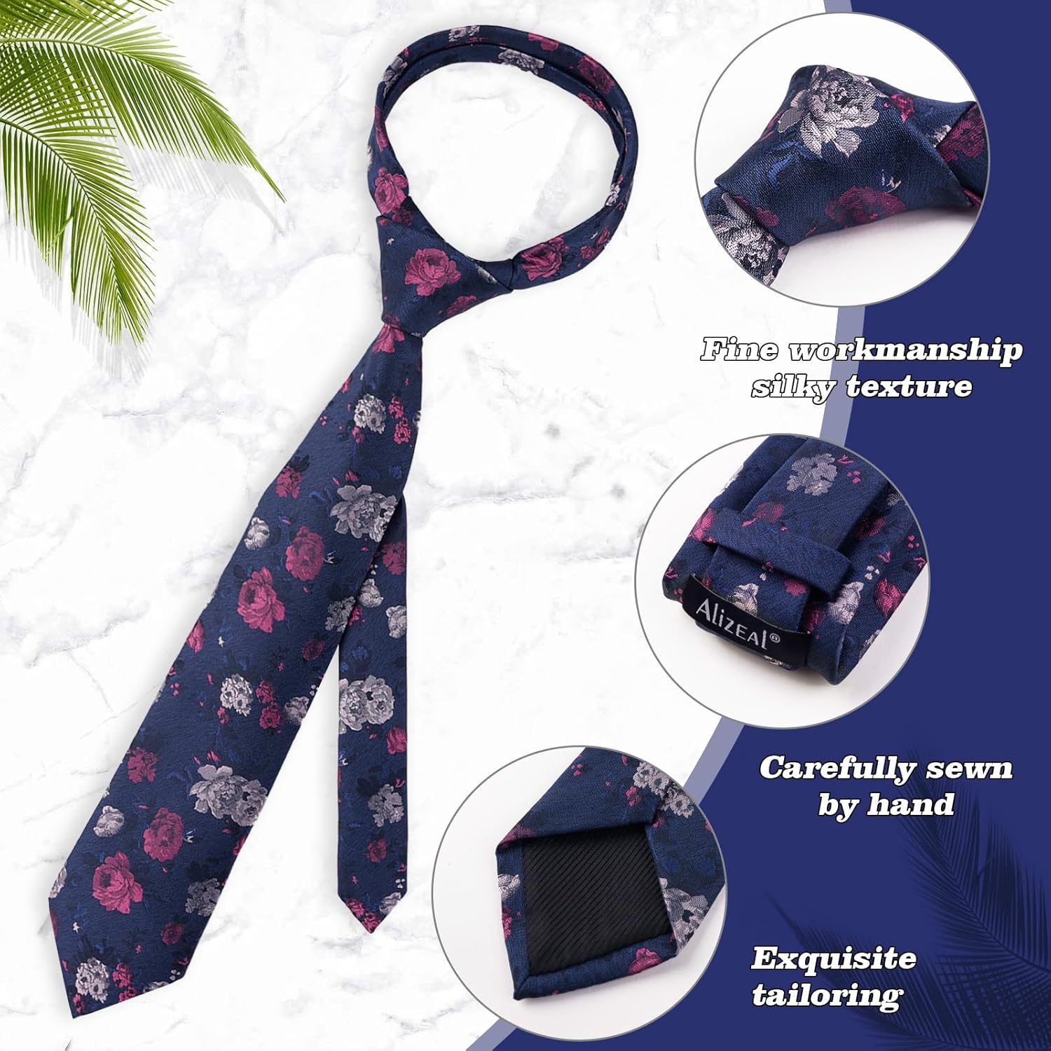 Thumbnail 3 de Alizeal Floral Pattern Tie with Pocket Square Set for Smart Casual to Formal Occasions