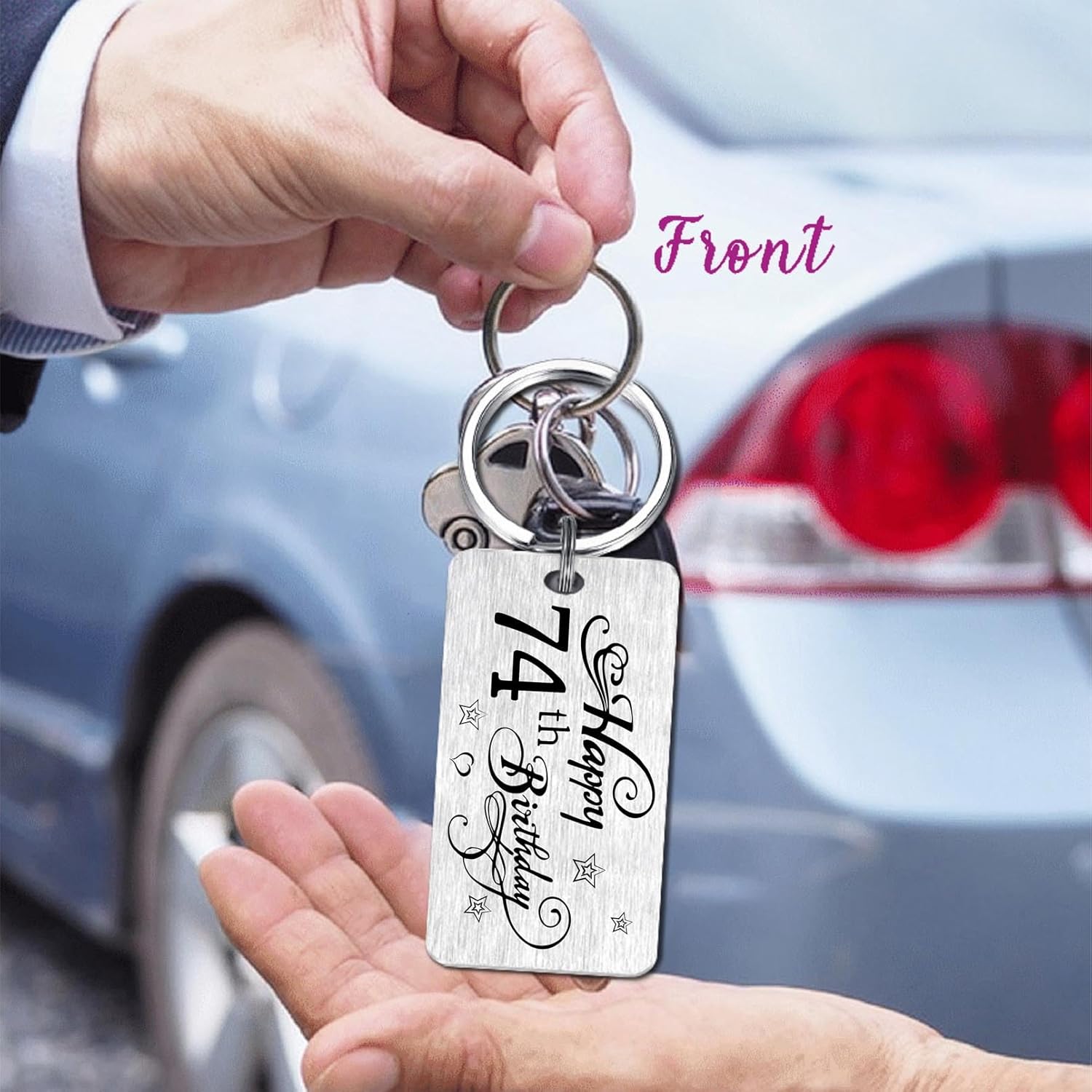 Thumbnail 3 de EE&YU 74th Birthday Stainless Steel Keyring – Engraved “Happy 74th birthday” Gift with Black Pouch