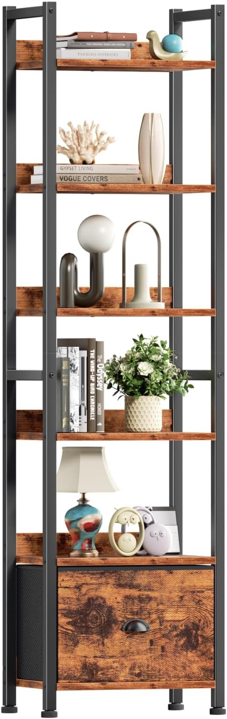 Detalle de Furologee BS006-6T 6-Tier Bookshelf with Drawer, Rustic Brown