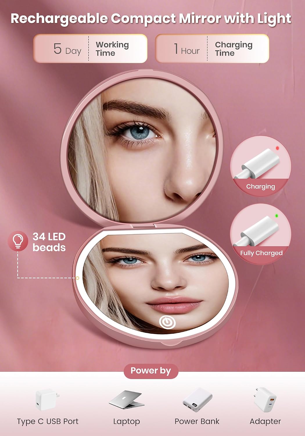 Thumbnail 4 de SisKokoro 40X Rechargeable Compact Makeup Mirror with Light, Rose