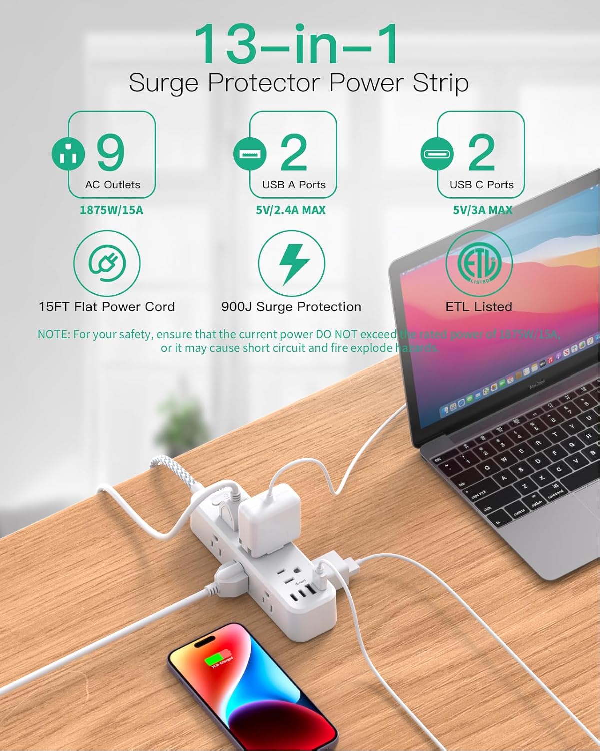Detalle de Mifaso MFS9W3UC Power Strip with 15-Foot Cord, 9 AC Outlets and 900J Surge Protection