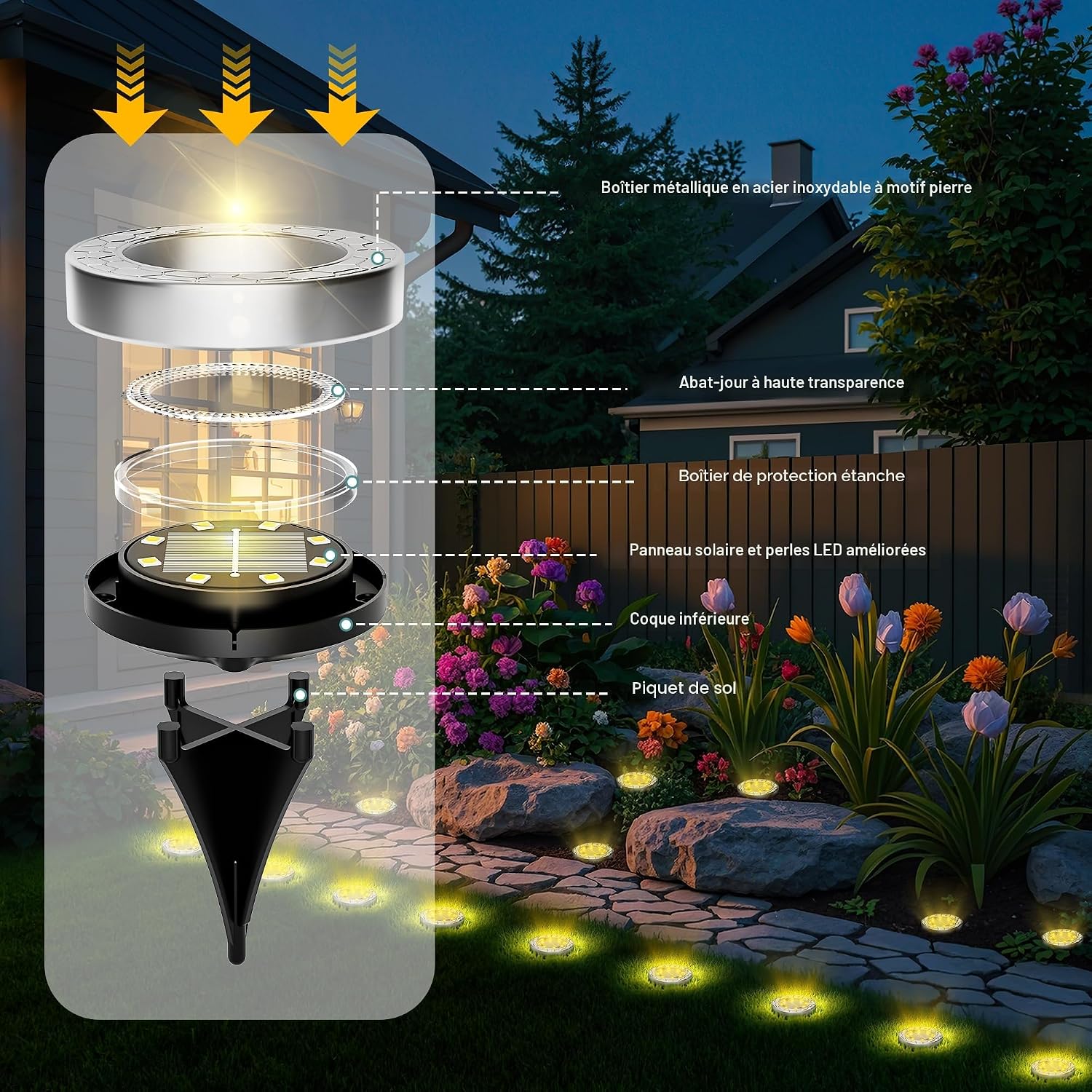 Thumbnail 3 de FIFlying 10 Pièces Lampe Solaire Extérieure - 8 LED, Acier Inox et Polycarbonate, IP65, Jardin/Allée/Patio