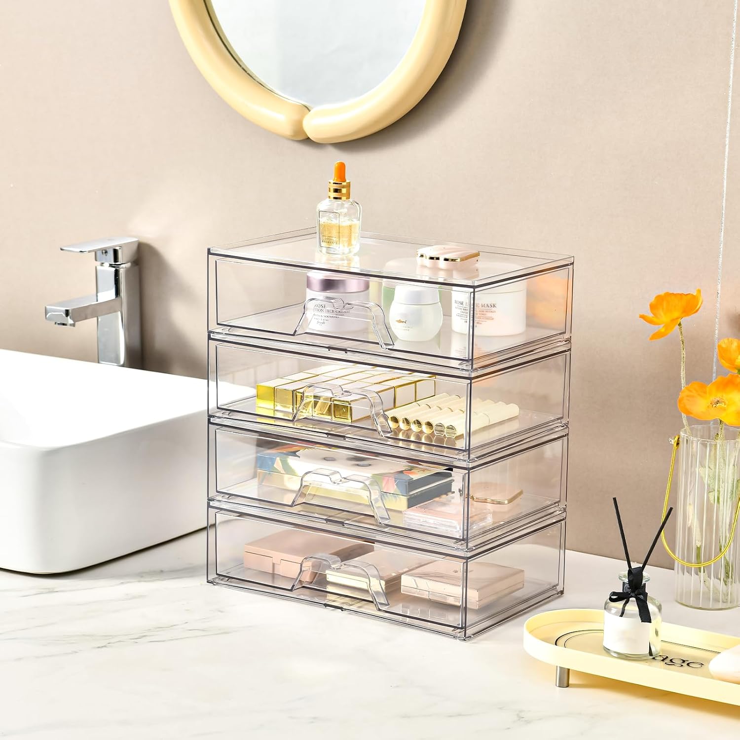 Detalle 2 de Stebopum 3Pack Stackable Plastic Storage Drawers – Clear Acrylic Makeup Organiser