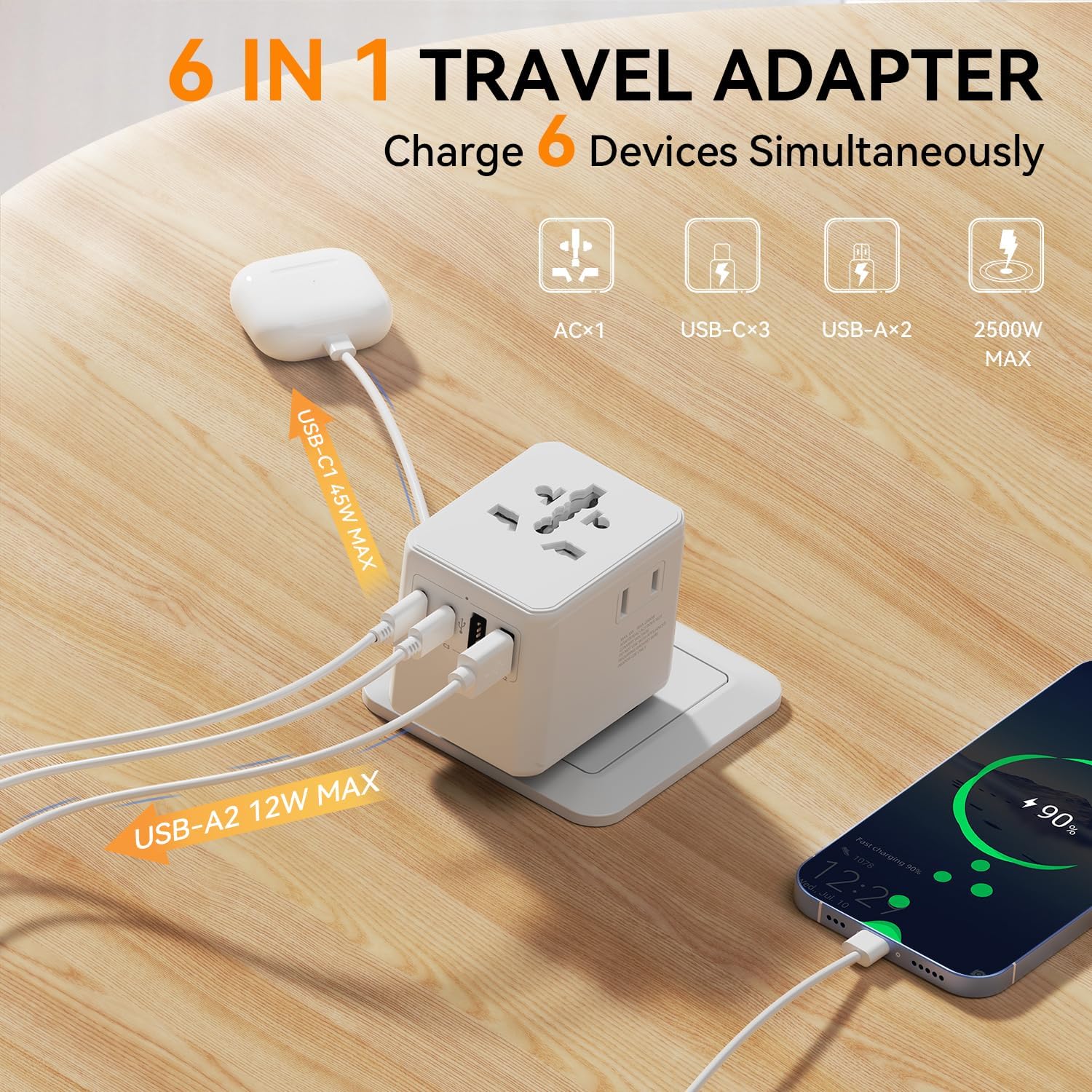 Detalle de Auxmir Weltweit Reiseadapter: 45W PD Schnellladen mit 2 USB-A, 3 USB-C und 3 AC-Steckdosen