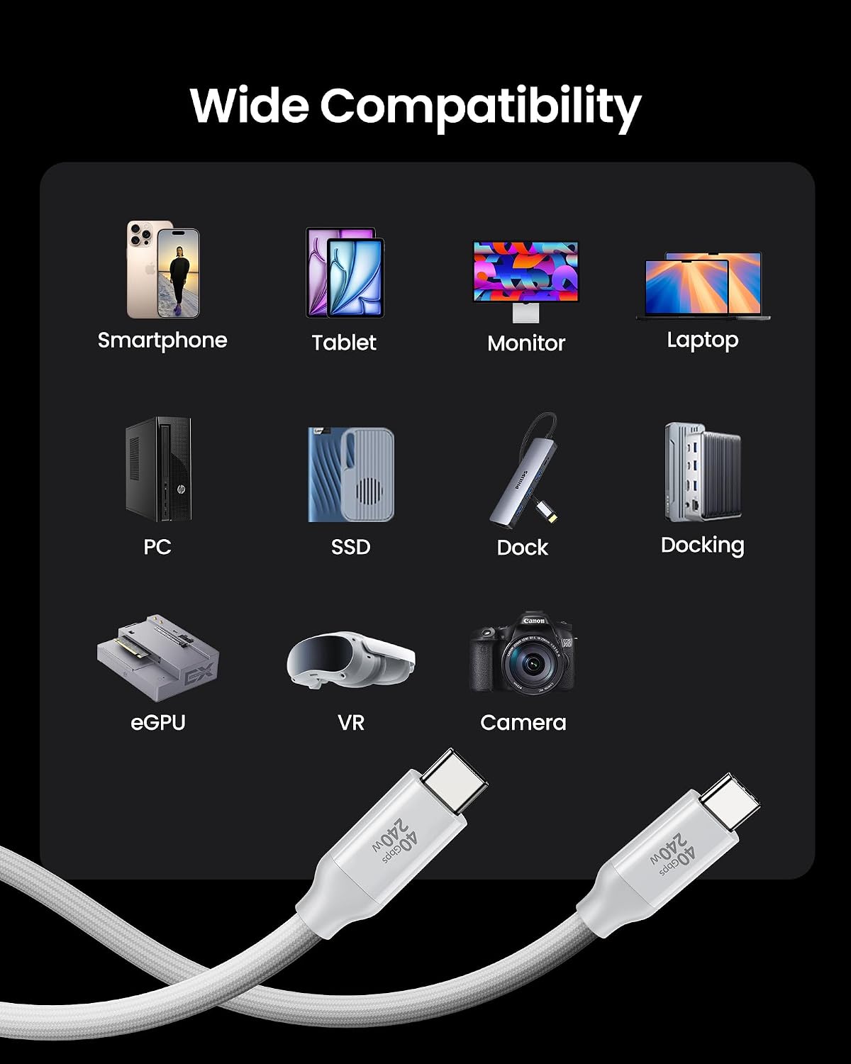 Thumbnail 5 de Silkland USB-C USB4 Datenkabel 0,3 m (40 Gbps) mit PD 3.1 bis 240 W – Thunderbolt 4, 8K HDR/2x 4K, Android Auto & iPhone/MacBook