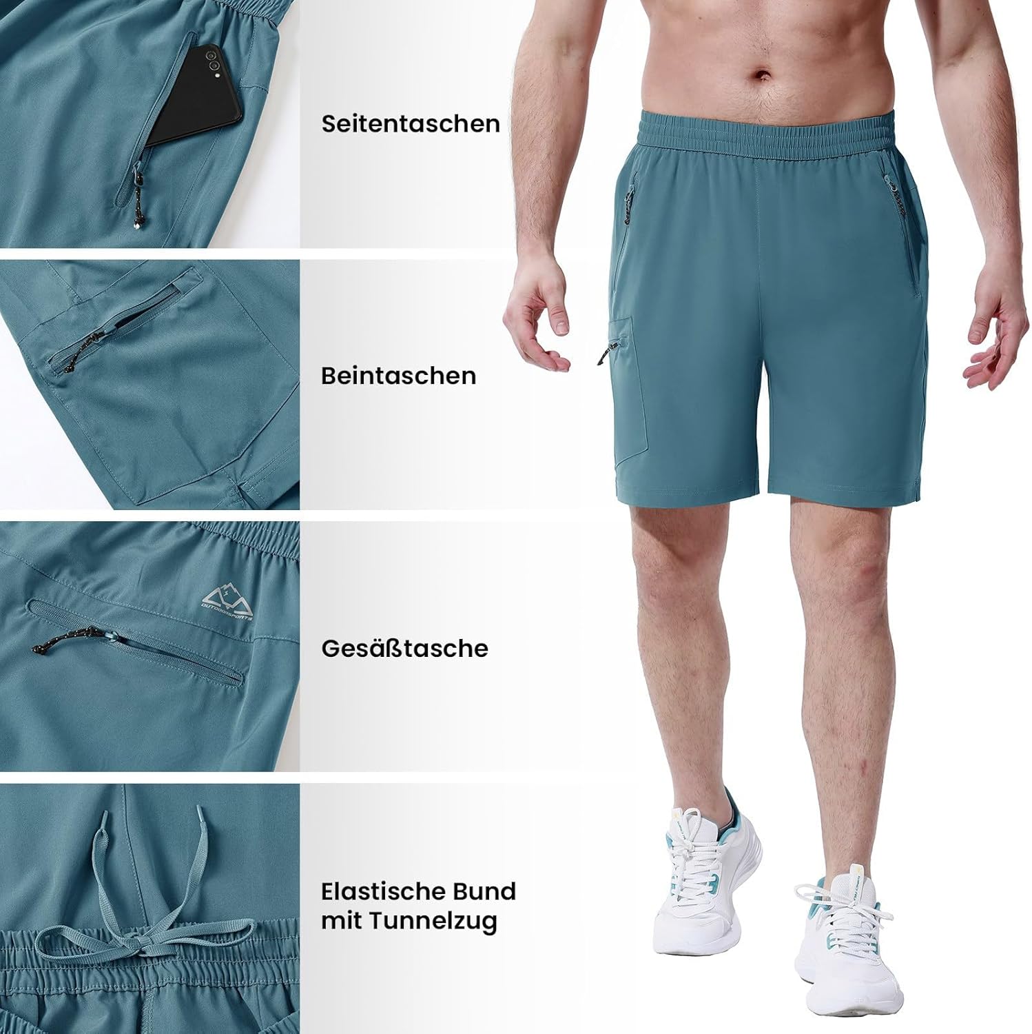 Thumbnail 4 de Rdruko Herren Sport-Shorts Kurze Hosen Stretch – schnelltrocknend, wasserabweisend, mit 4 Reißverschlusstaschen